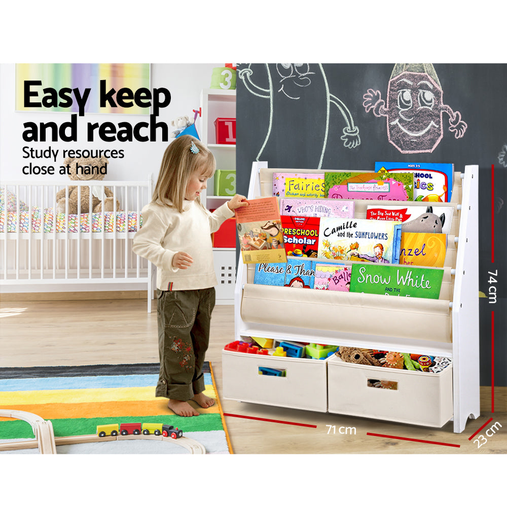 Keezi 4 Tiers Kids Bookshelf Magazine Rack Children Bookcase Organiser Drawer FURNI-G-TOY111-WH