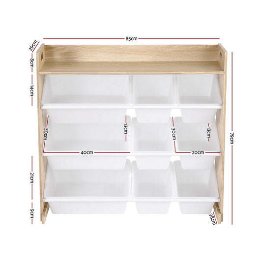 Keezi Kids Toy Box 9 Bins Bookshelf Organiser Display Shelf Storage Rack Wooden FURNI-G-TOY8BIN-WD