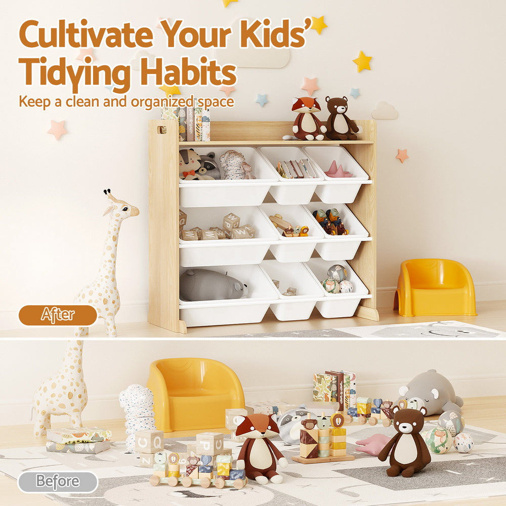 Keezi Kids Toy Box 9 Bins Bookshelf Organiser Display Shelf Storage Rack Wooden FURNI-G-TOY8BIN-WD