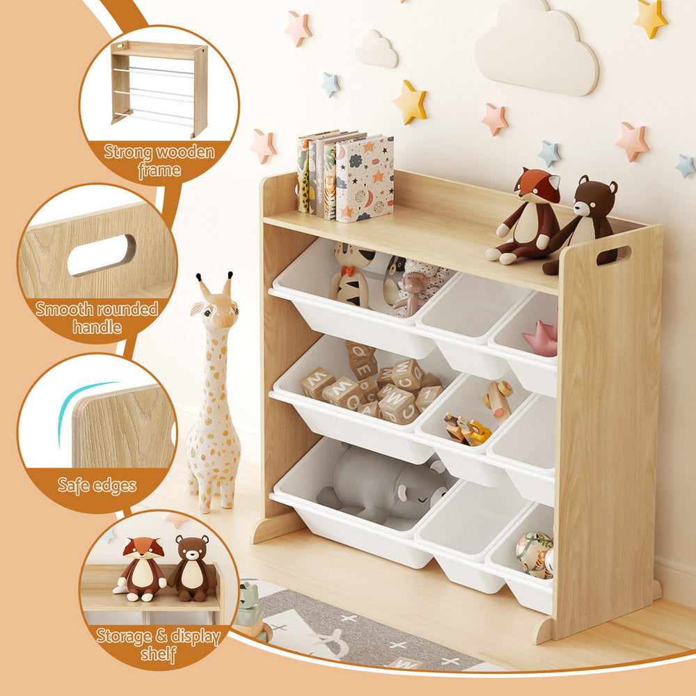 Keezi Kids Toy Box 9 Bins Bookshelf Organiser Display Shelf Storage Rack Wooden FURNI-G-TOY8BIN-WD
