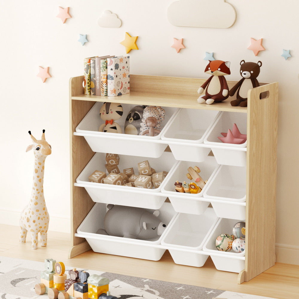 Keezi Kids Toy Box 9 Bins Bookshelf Organiser Display Shelf Storage Rack Wooden FURNI-G-TOY8BIN-WD
