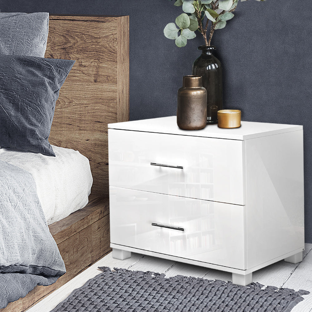 Artiss Bedside Table 2 Drawers High Gloss - White FURNI-GLOSS-SIDE-WH