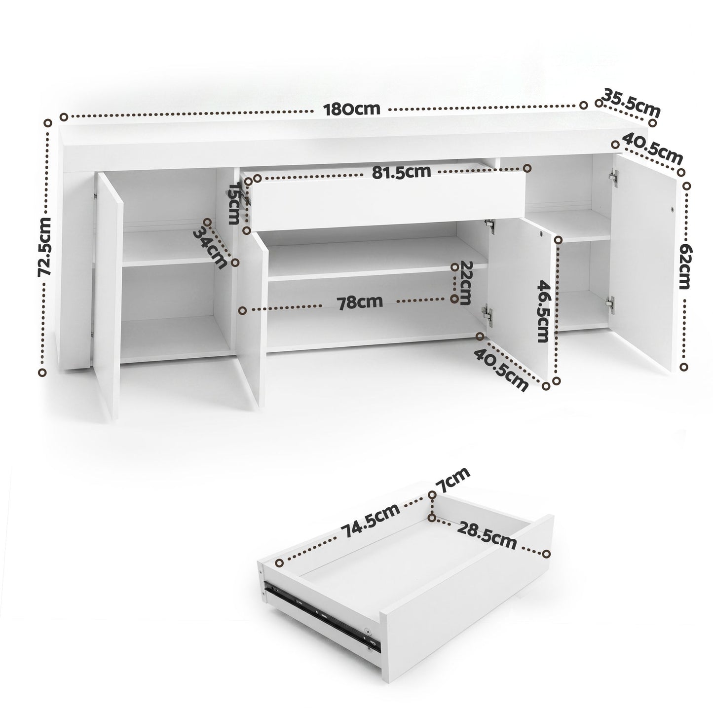 Artiss Buffet Sideboard Cabinet 180cm Cupboard Pantry Storage Drawer White DANA FURNI-L-BF02-WH-ABC