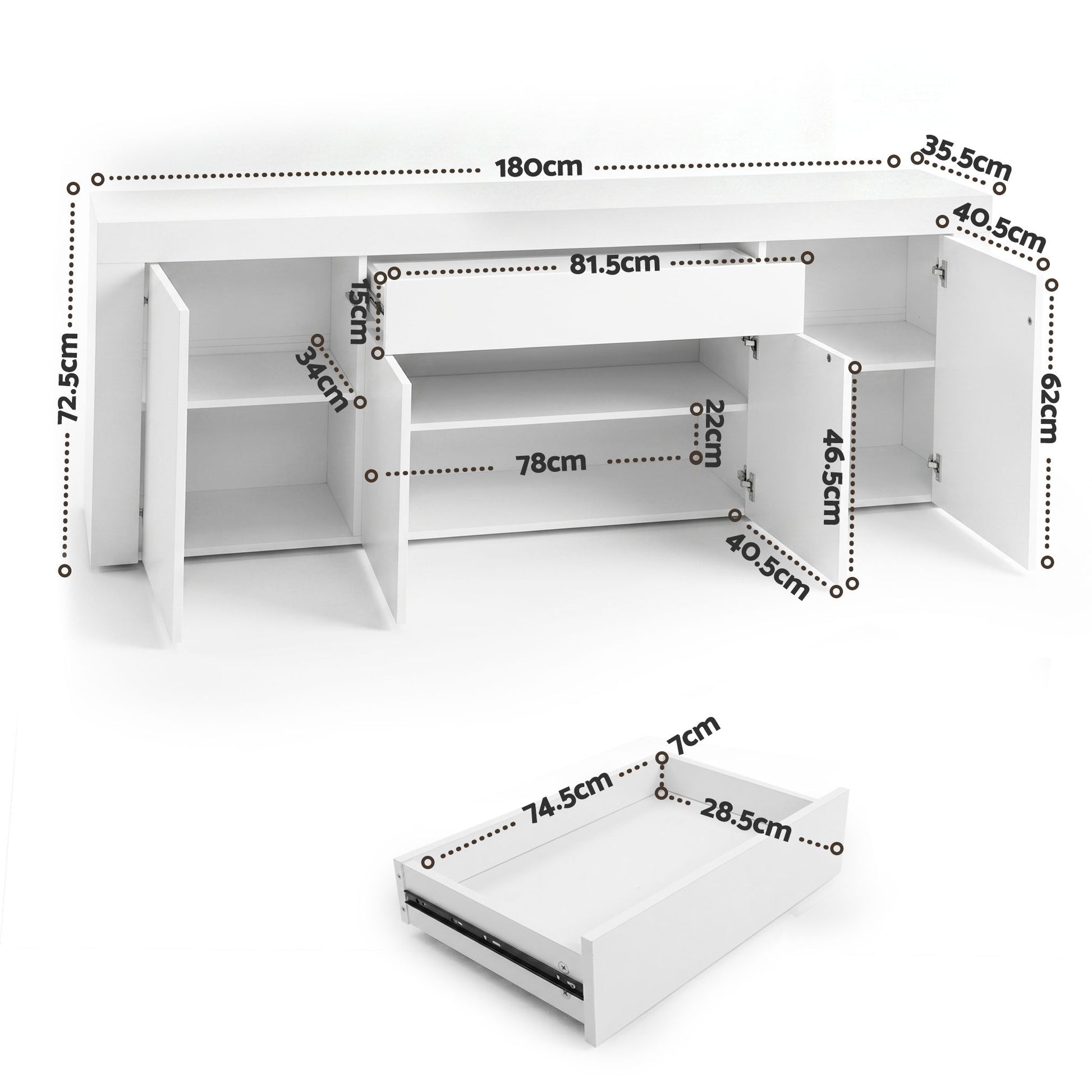 Artiss Buffet Sideboard Cabinet 180cm Cupboard Pantry Storage Drawer White DANA FURNI-L-BF02-WH-ABC