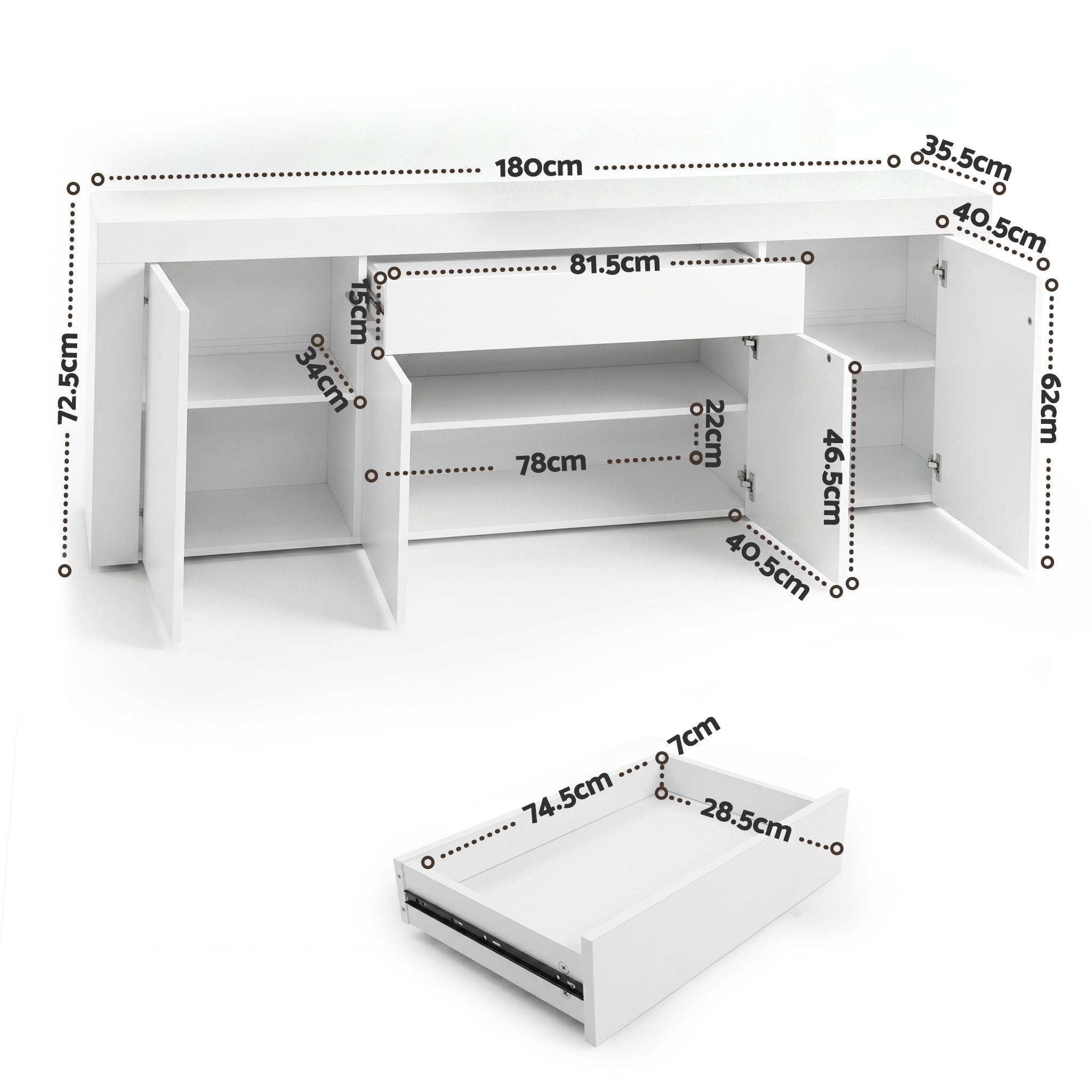 Artiss Buffet Sideboard Cabinet 180cm Cupboard Pantry Storage Drawer White DANA FURNI-L-BF02-WH-ABC