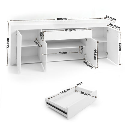 Artiss Buffet Sideboard Cabinet 180cm Cupboard Pantry Storage Drawer White DANA FURNI-L-BF02-WH-ABC