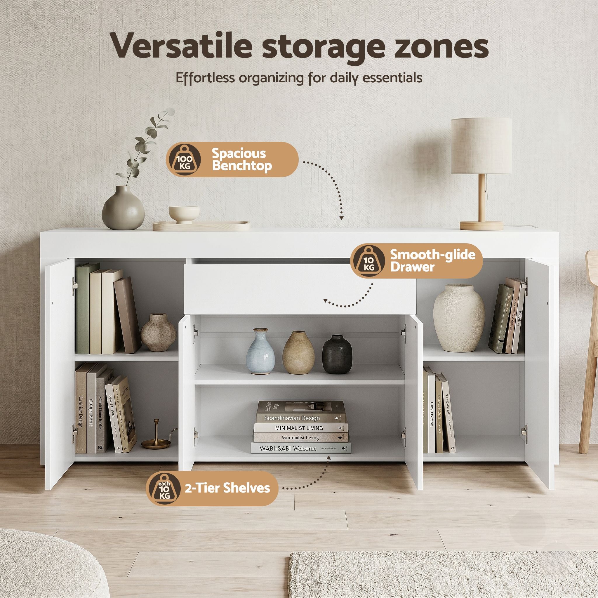 Artiss Buffet Sideboard Cabinet 180cm Cupboard Pantry Storage Drawer White DANA FURNI-L-BF02-WH-ABC