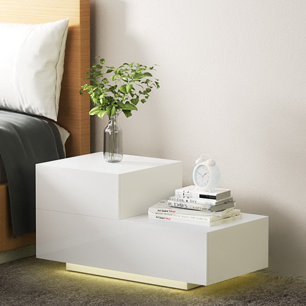 Artiss Bedside Tables LED 2 Drawers - REMI White FURNI-L-BS05-LED-WH