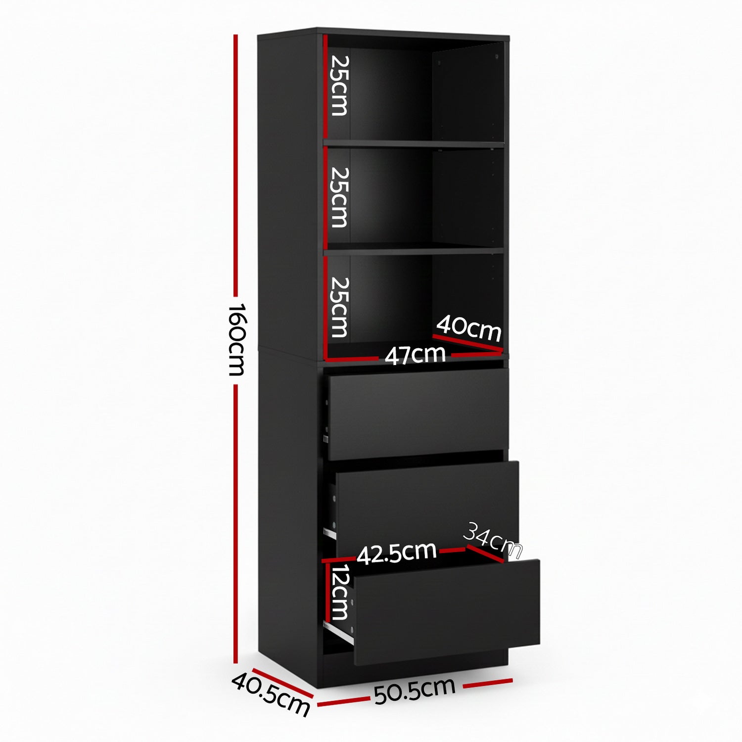 Artiss 3 Chest of Drawers Tallboy Cabinet Black FURNI-L-CDR-3D3S-BK-AB