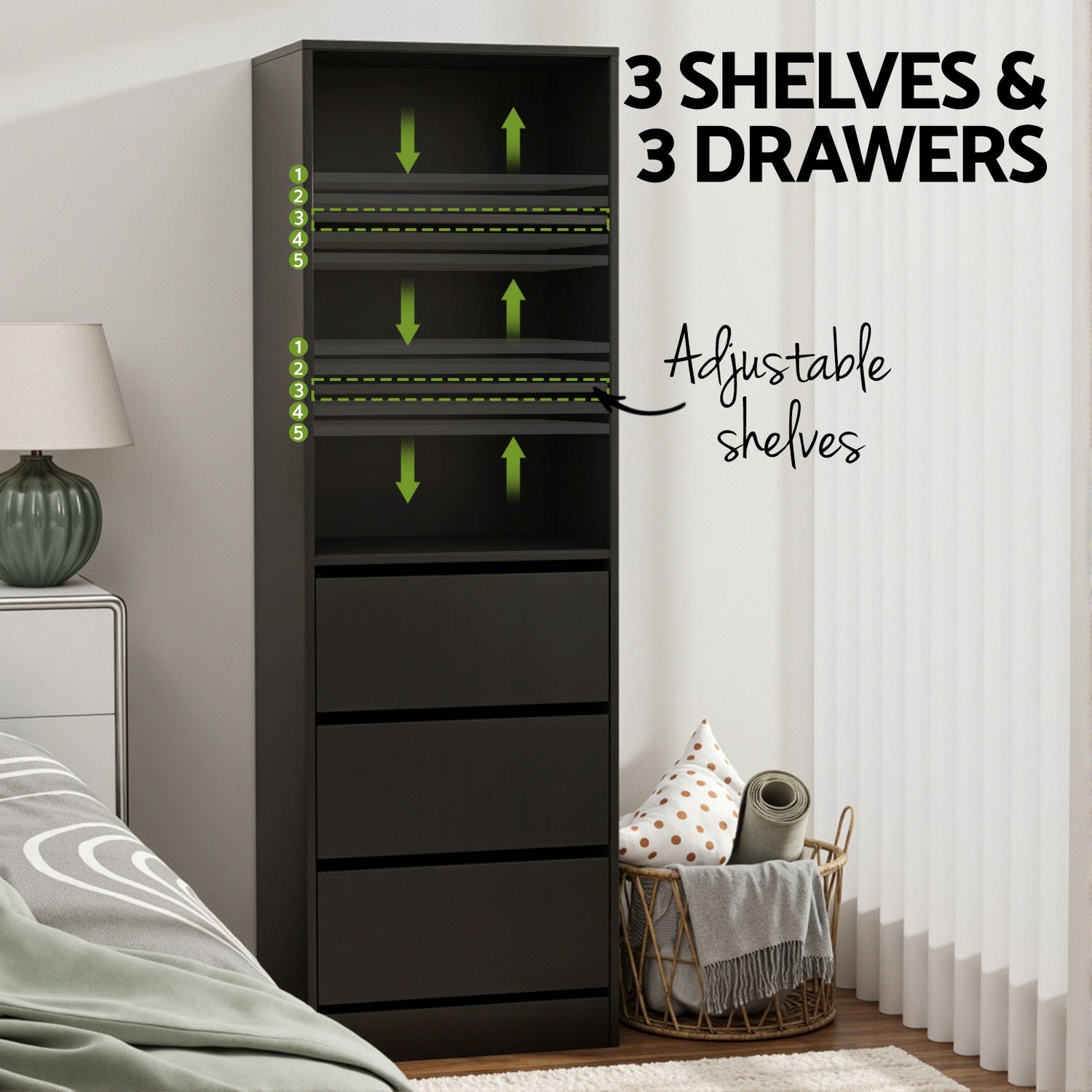 Artiss 3 Chest of Drawers Tallboy Cabinet Black FURNI-L-CDR-3D3S-BK-AB