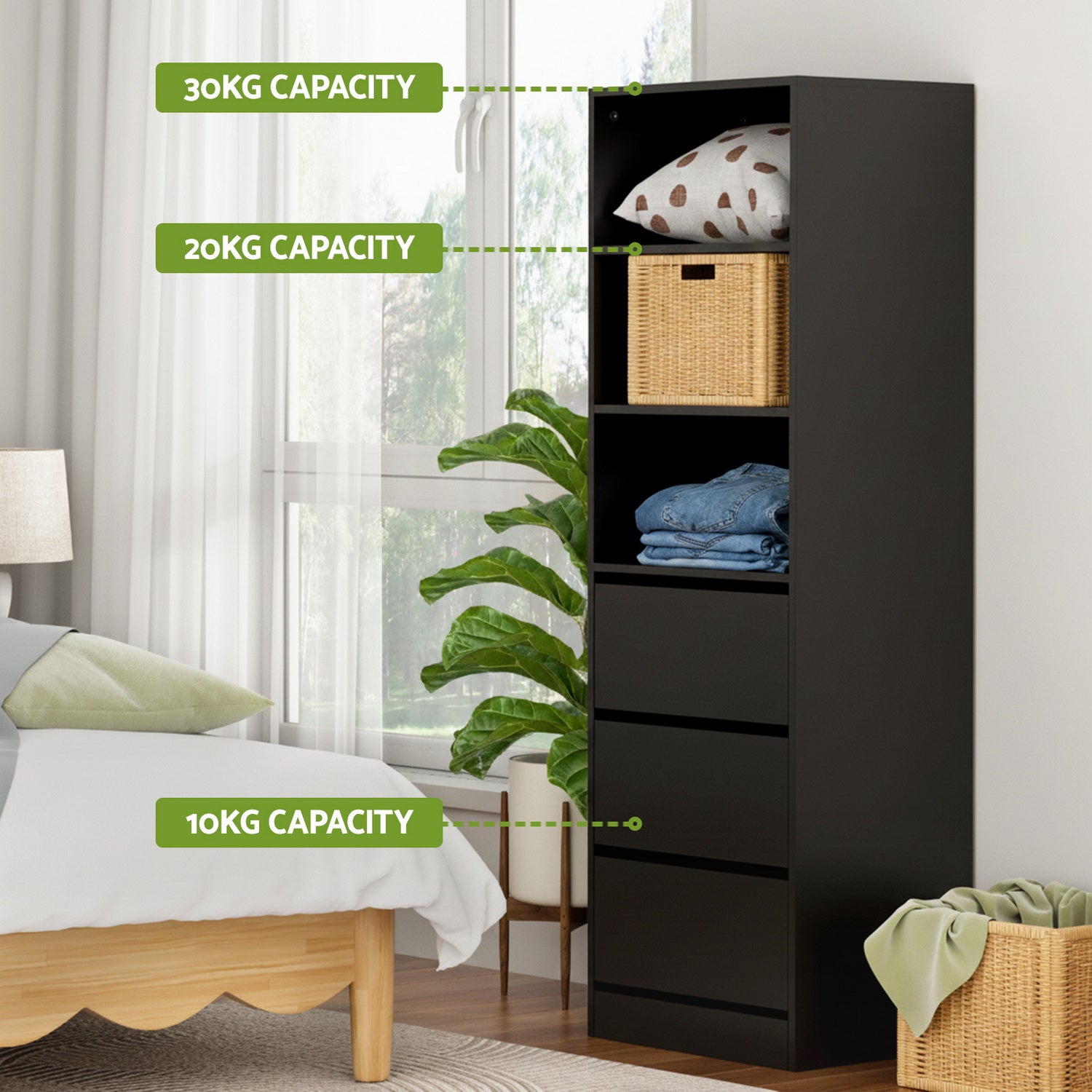 Artiss 3 Chest of Drawers Tallboy Cabinet Black FURNI-L-CDR-3D3S-BK-AB