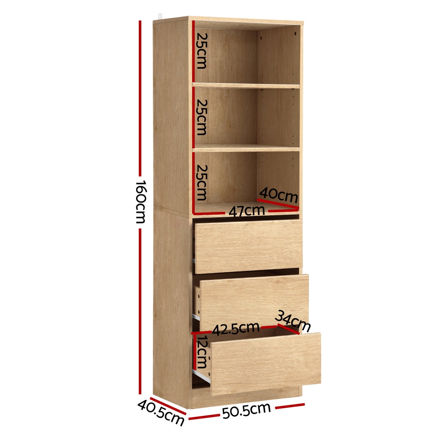 Artiss 3 Chest of Drawers Tallboy Cabinet Pine FURNI-L-CDR-3D3S-WD-AB