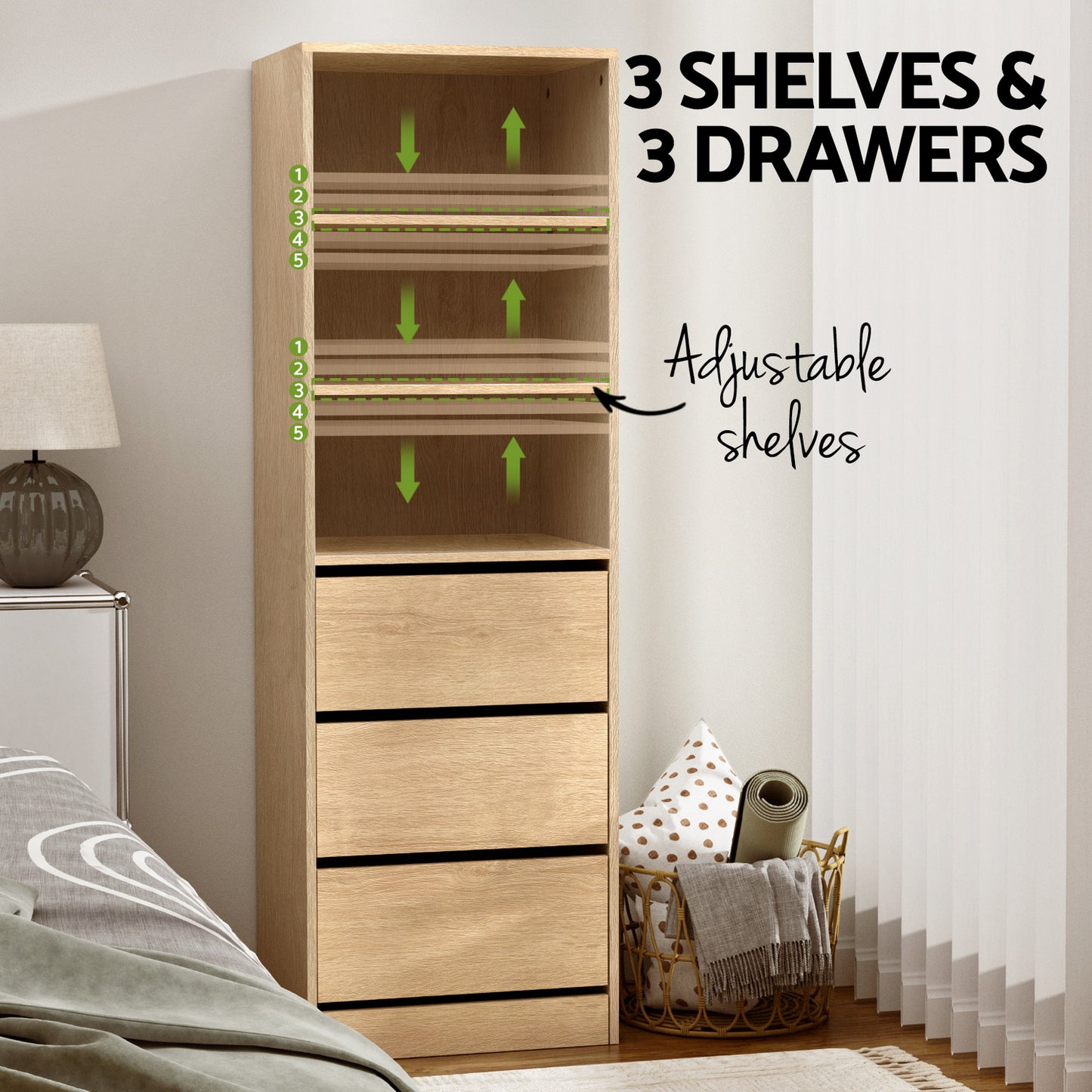 Artiss 3 Chest of Drawers Tallboy Cabinet Pine FURNI-L-CDR-3D3S-WD-AB