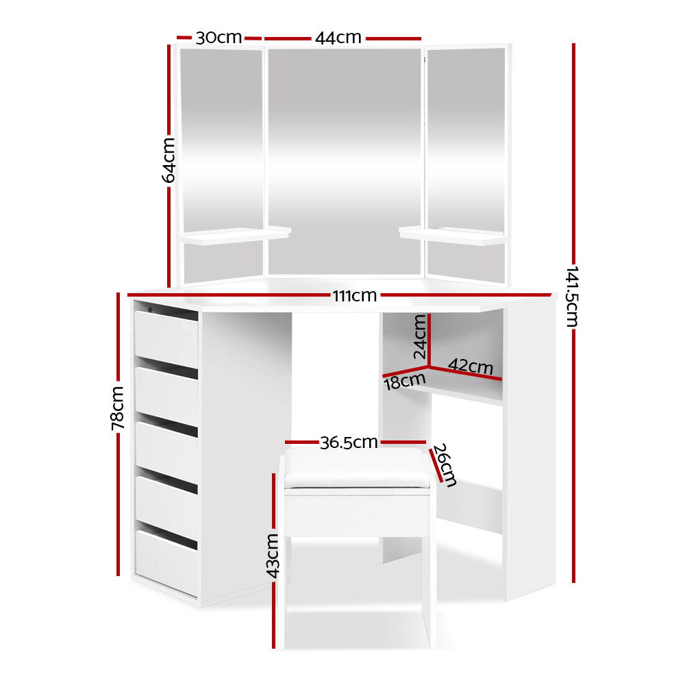 Artiss Dressing Table Stool Set Corner 5 Drawers White FURNI-L-DRESS01-WH-AB