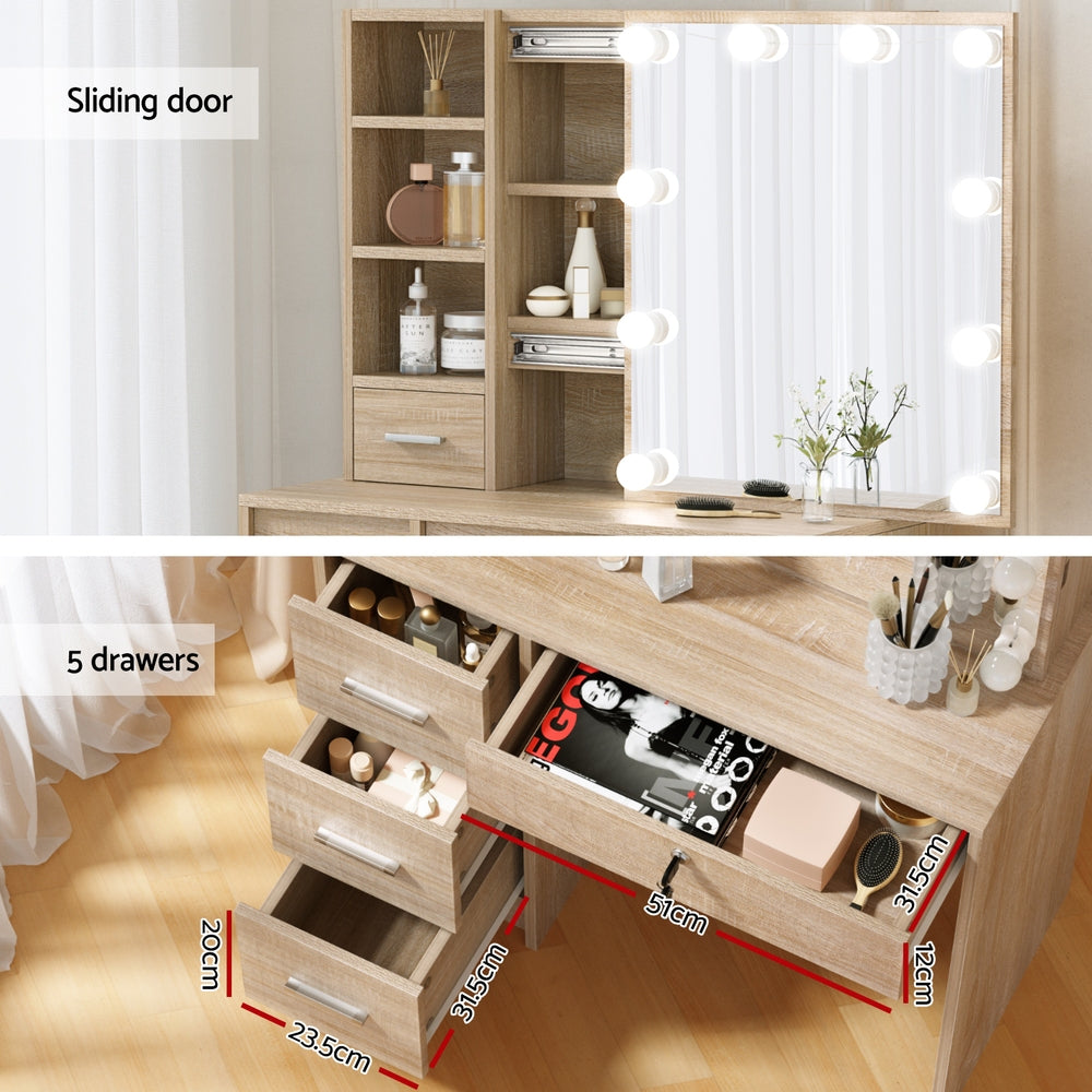Artiss Dressing Table Set Stool 10 Led Bulbs Wood FURNI-L-DRESS05-LED-WD-AB