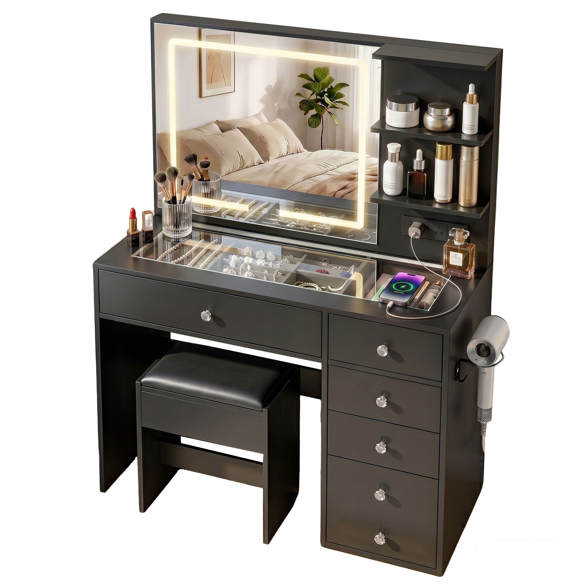 Artiss Dressing Table LED Vanity Desk Set Stool Black FURNI-L-DRESS07-BK-AB
