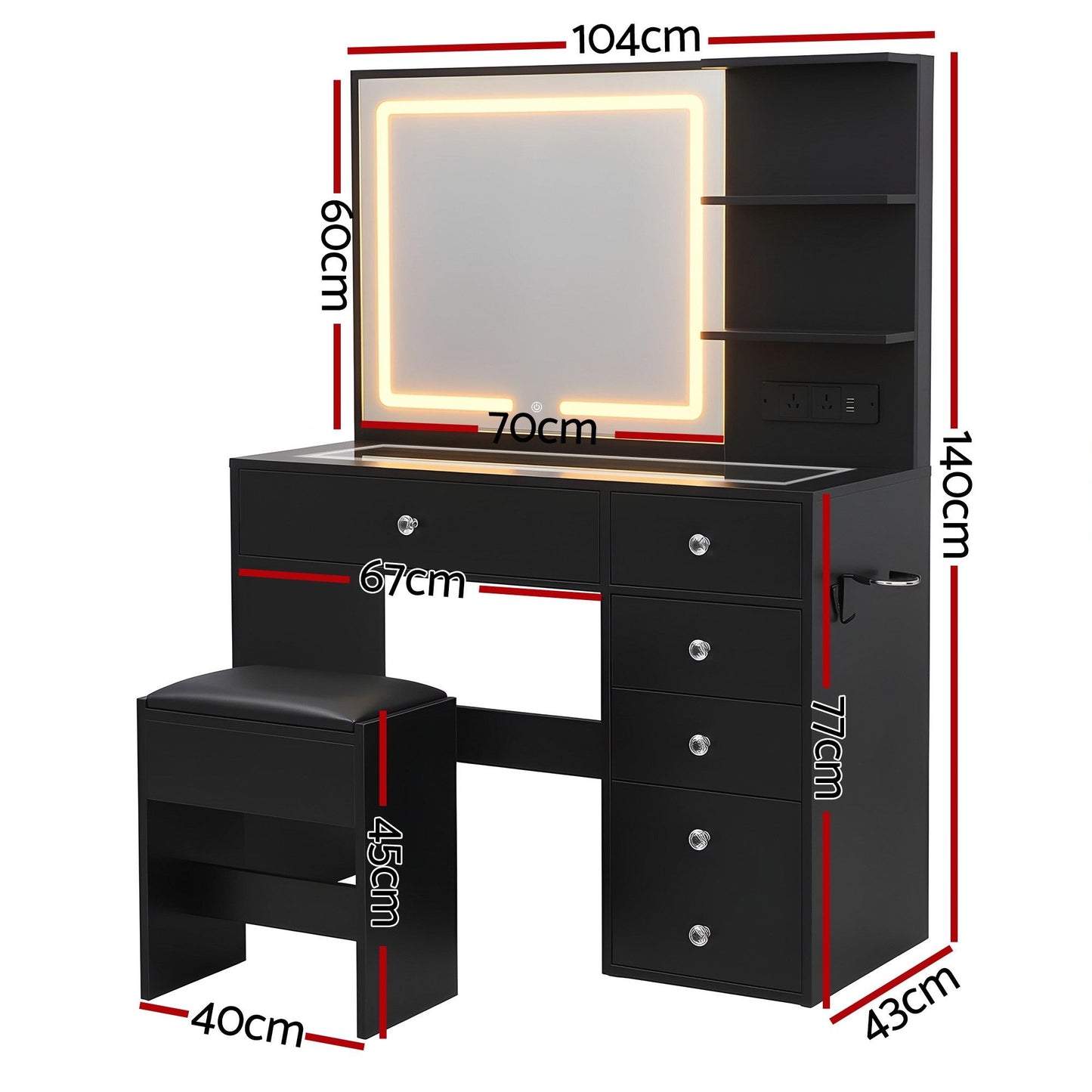 Artiss Dressing Table LED Vanity Desk Set Stool Black FURNI-L-DRESS07-BK-AB