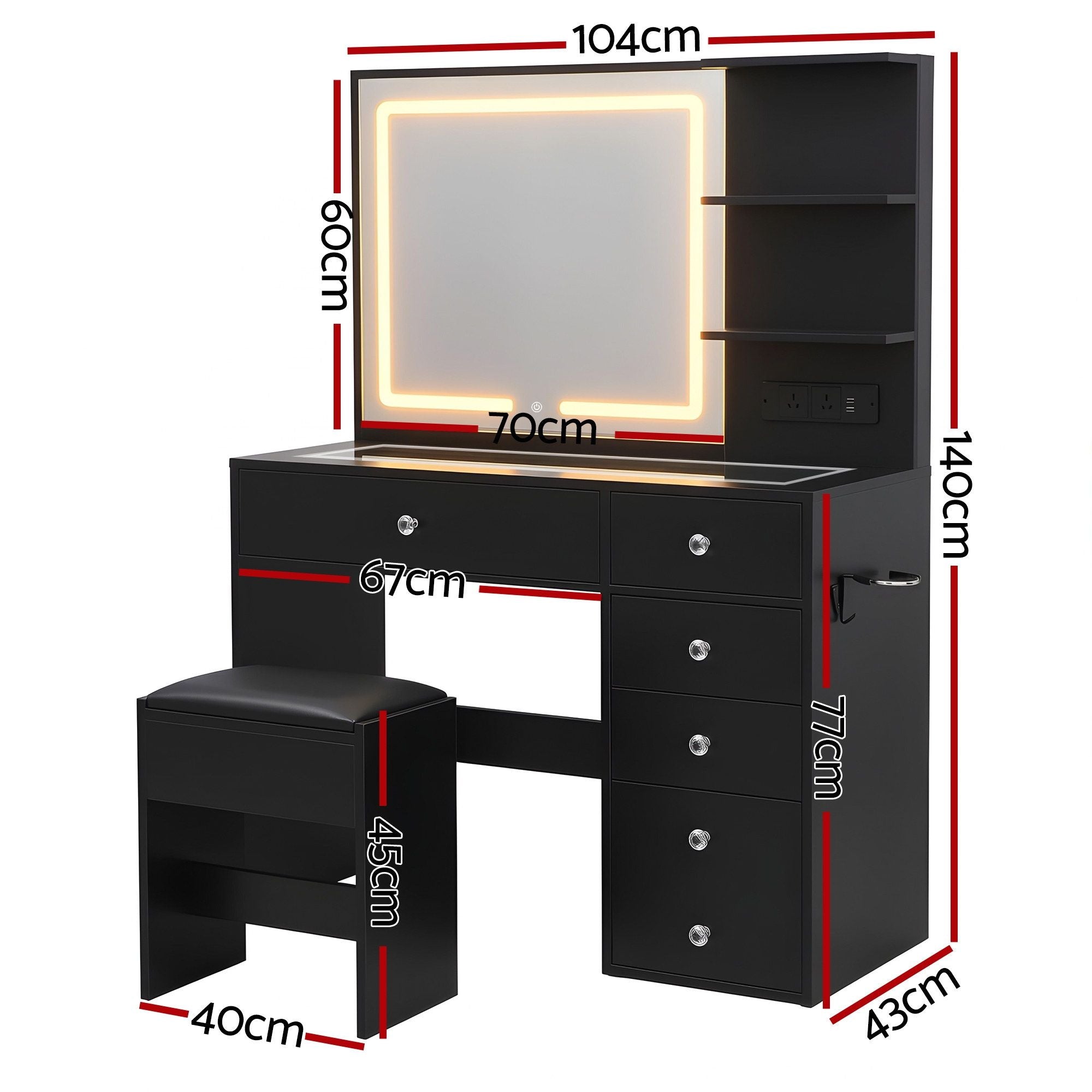 Artiss Dressing Table LED Vanity Desk Set Stool Black FURNI-L-DRESS07-BK-AB