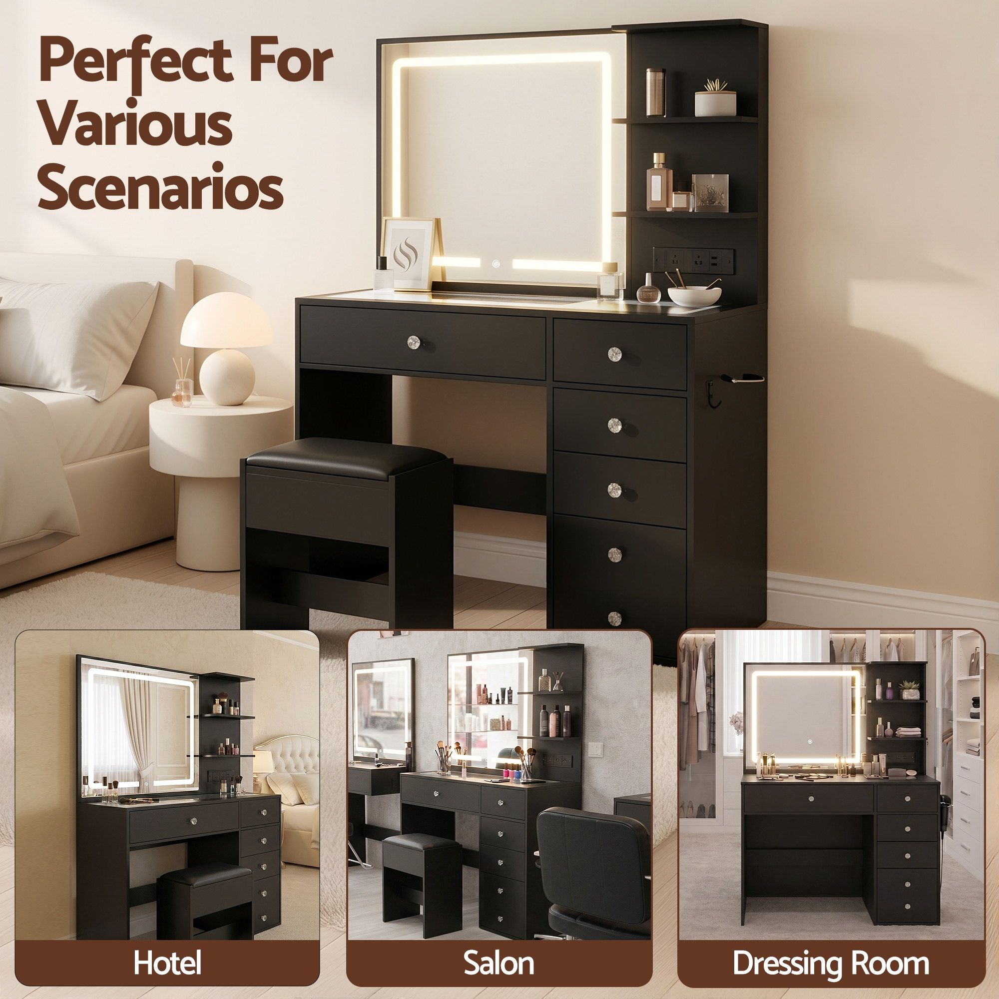 Artiss Dressing Table LED Vanity Desk Set Stool Black FURNI-L-DRESS07-BK-AB