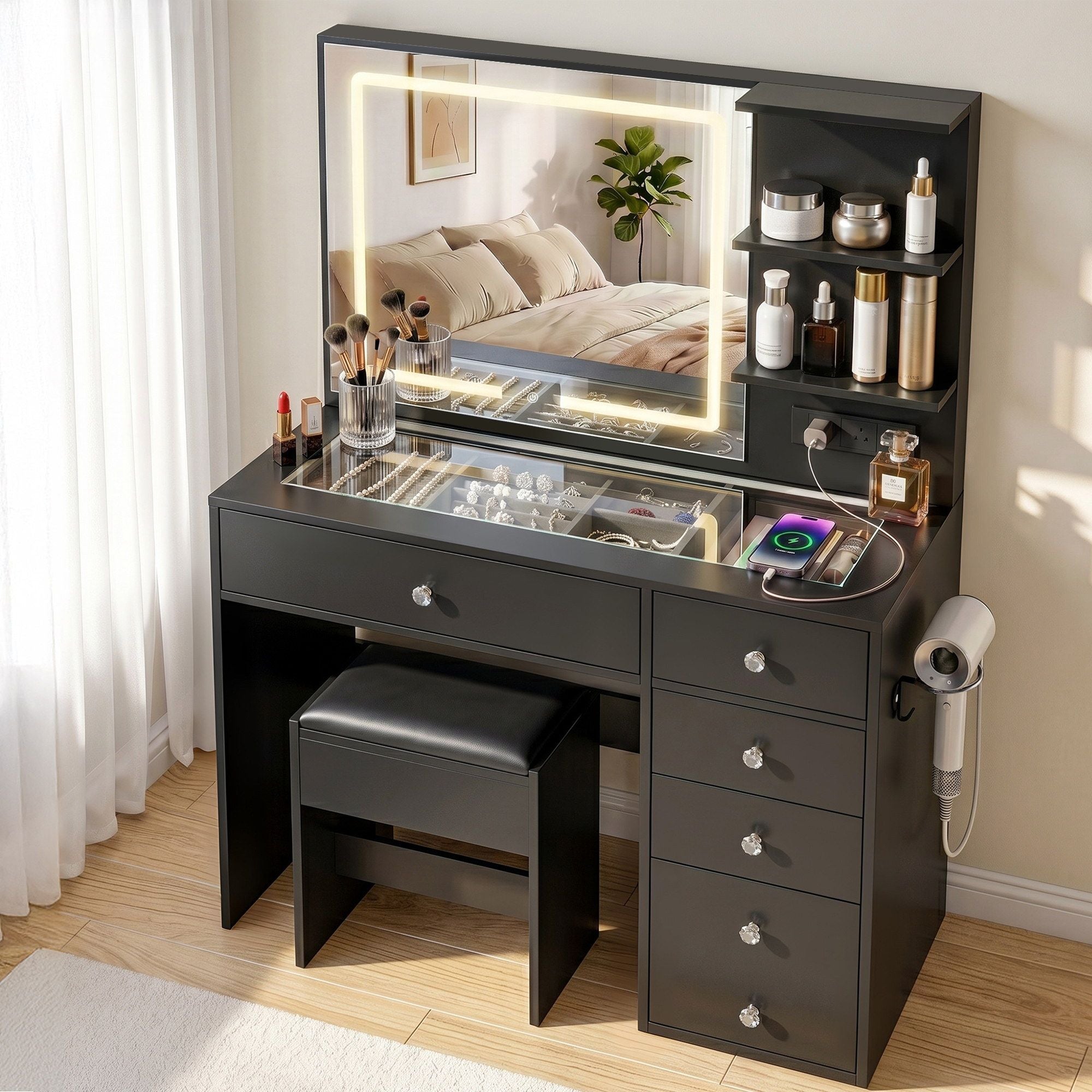 Artiss Dressing Table LED Vanity Desk Set Stool Black FURNI-L-DRESS07-BK-AB