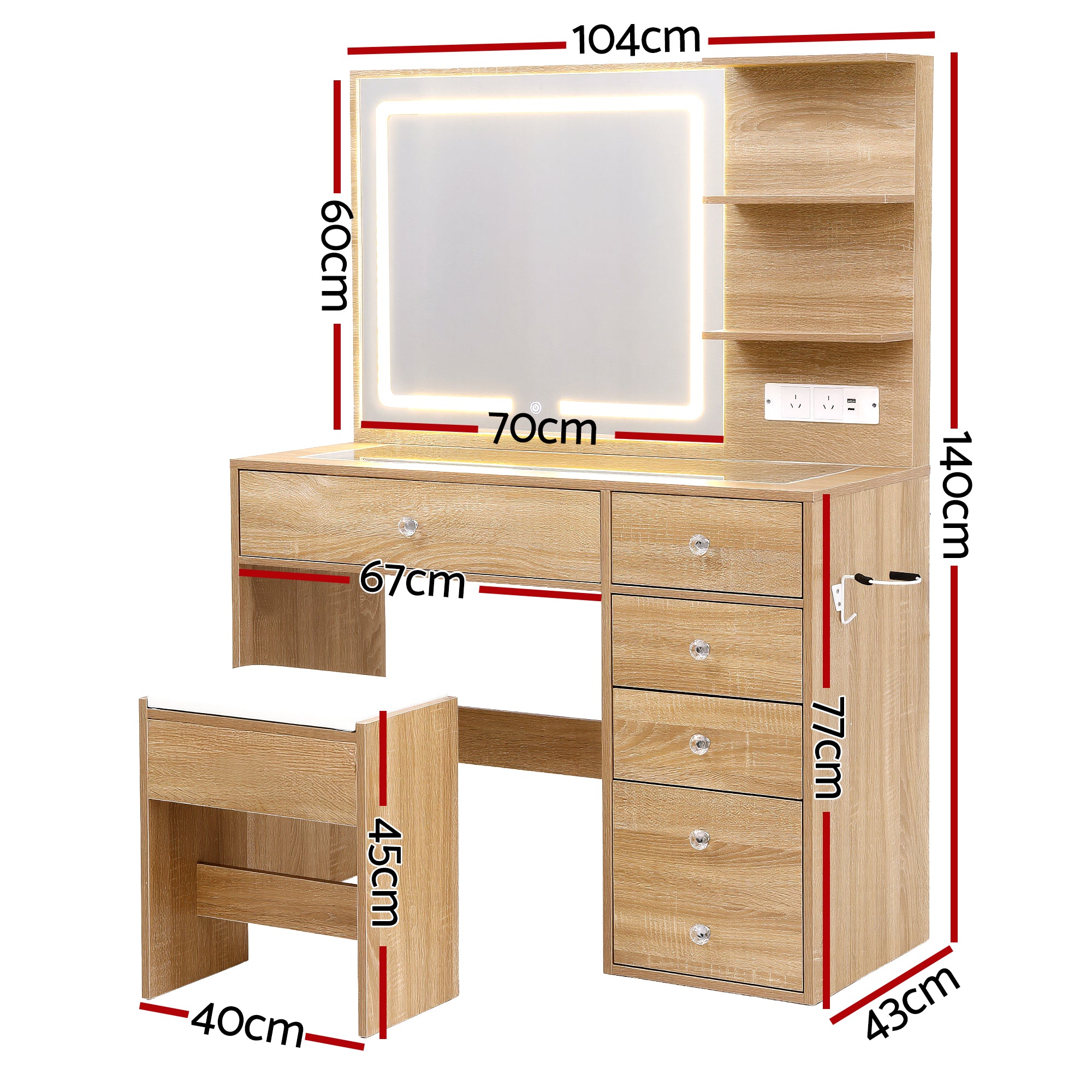 Artiss Dressing Table LED Vanity Desk Set Stool Wood FURNI-L-DRESS07-WD-AB