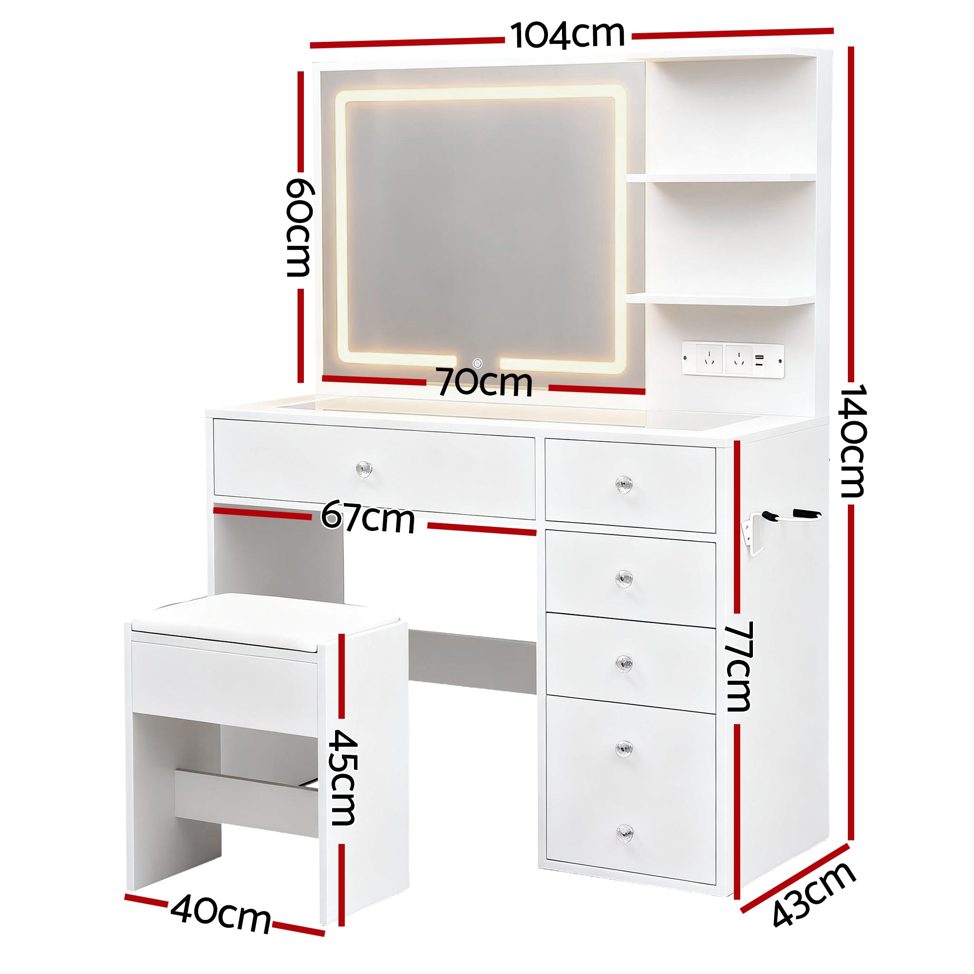 Artiss Dressing Table LED Vanity Desk Set Stool White FURNI-L-DRESS07-WH-AB