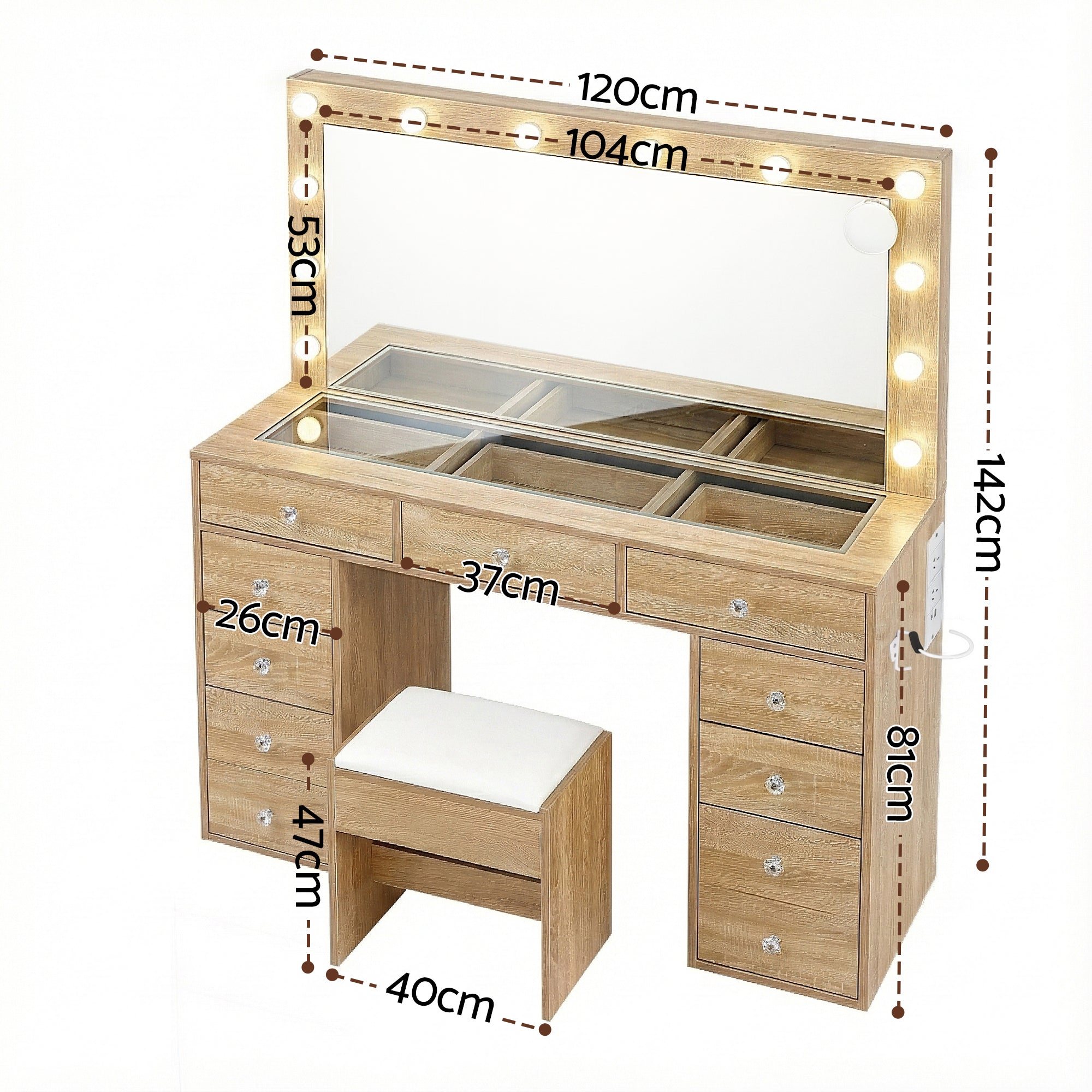 Artiss Dressing Table Vanity Desk Set Stool LED Bulbs Wood FURNI-L-DRESS08-WD-ABC