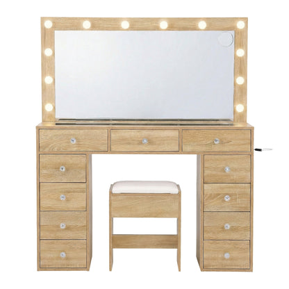 Artiss Dressing Table Vanity Desk Set Stool LED Bulbs Wood FURNI-L-DRESS08-WD-ABC