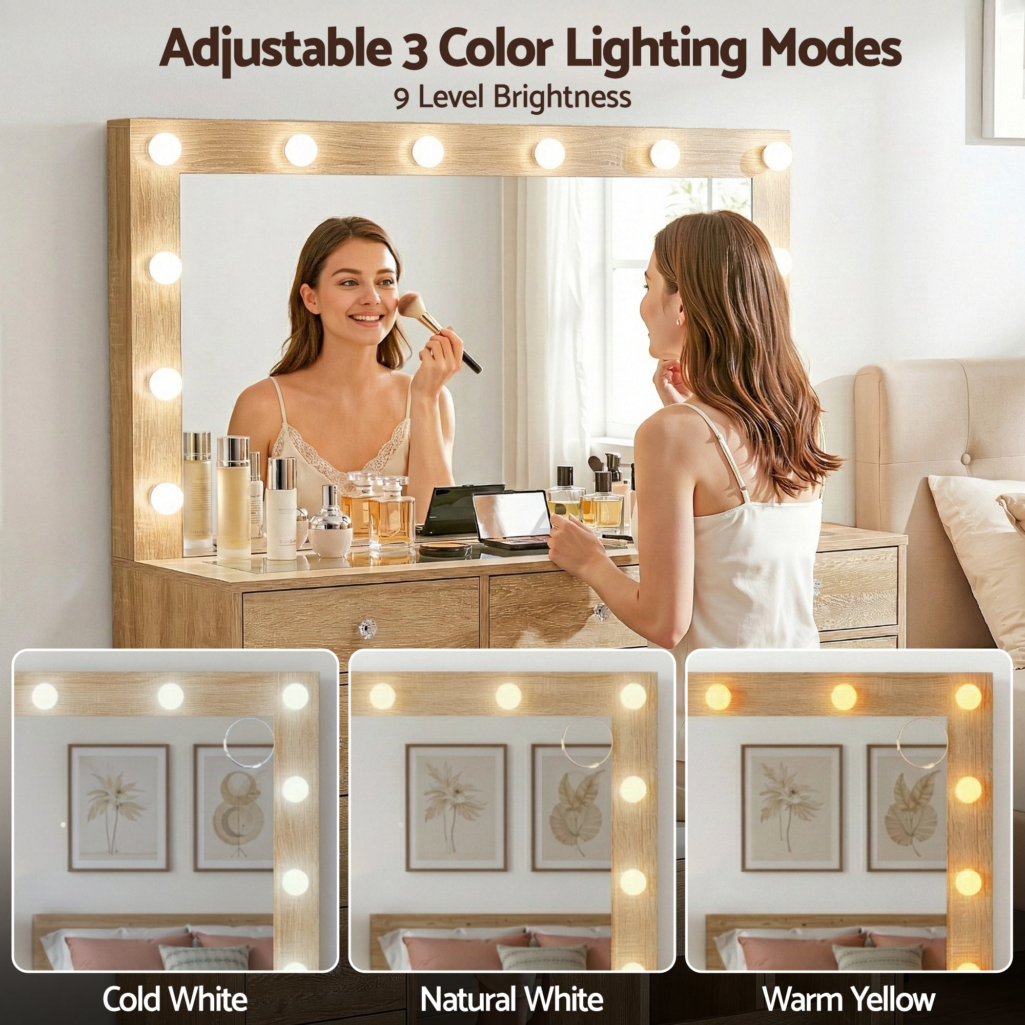 Artiss Dressing Table Vanity Desk Set Stool LED Bulbs Wood FURNI-L-DRESS08-WD-ABC