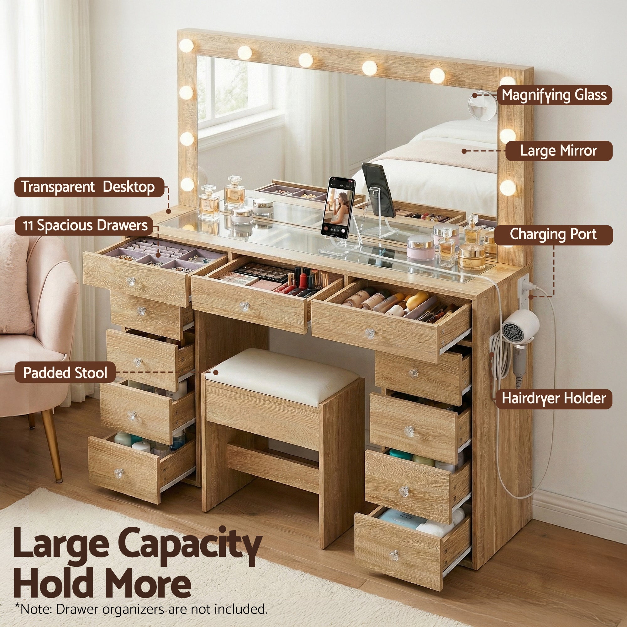 Artiss Dressing Table Vanity Desk Set Stool LED Bulbs Wood FURNI-L-DRESS08-WD-ABC