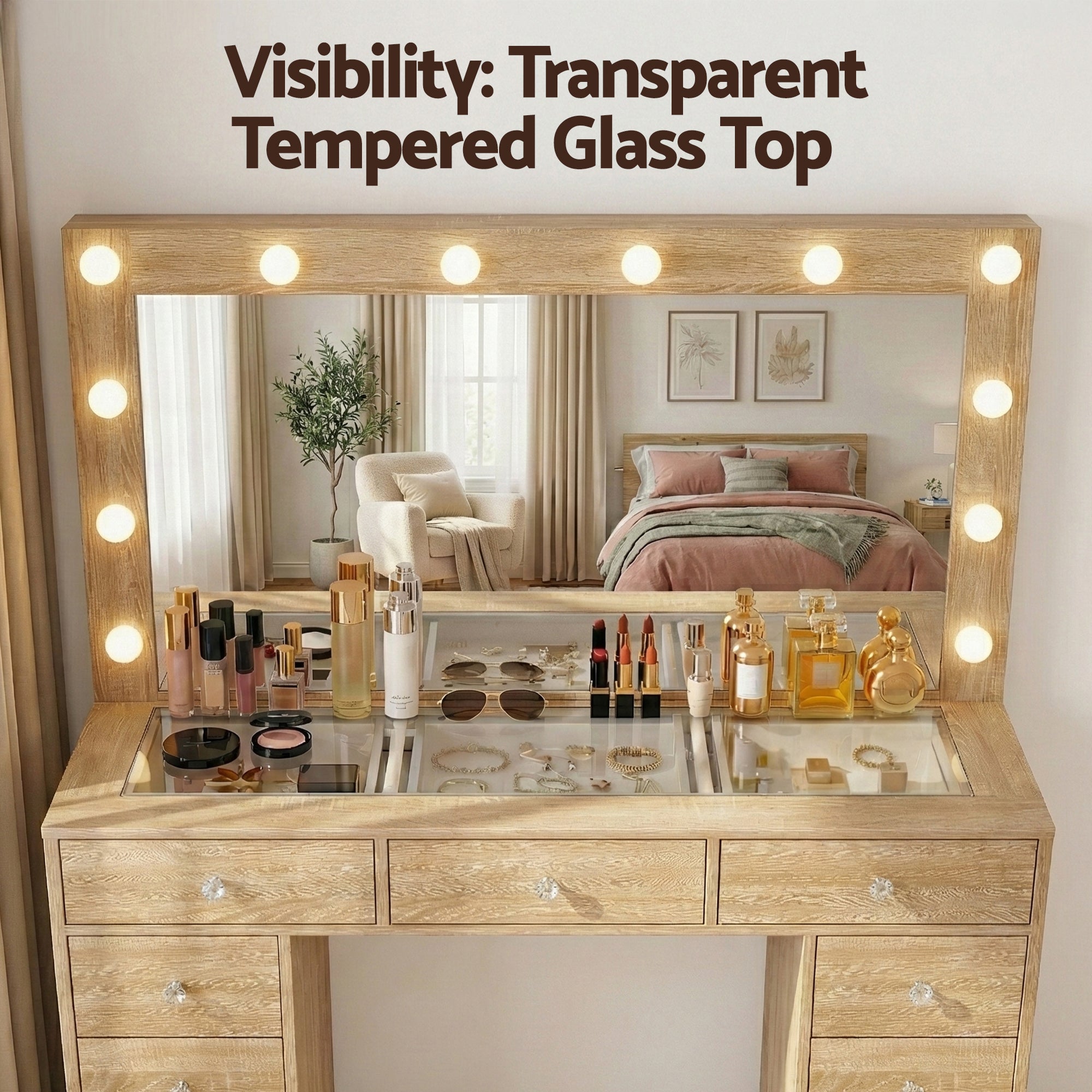 Artiss Dressing Table Vanity Desk Set Stool LED Bulbs Wood FURNI-L-DRESS08-WD-ABC