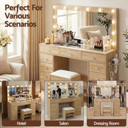Artiss Dressing Table Vanity Desk Set Stool LED Bulbs Wood FURNI-L-DRESS08-WD-ABC