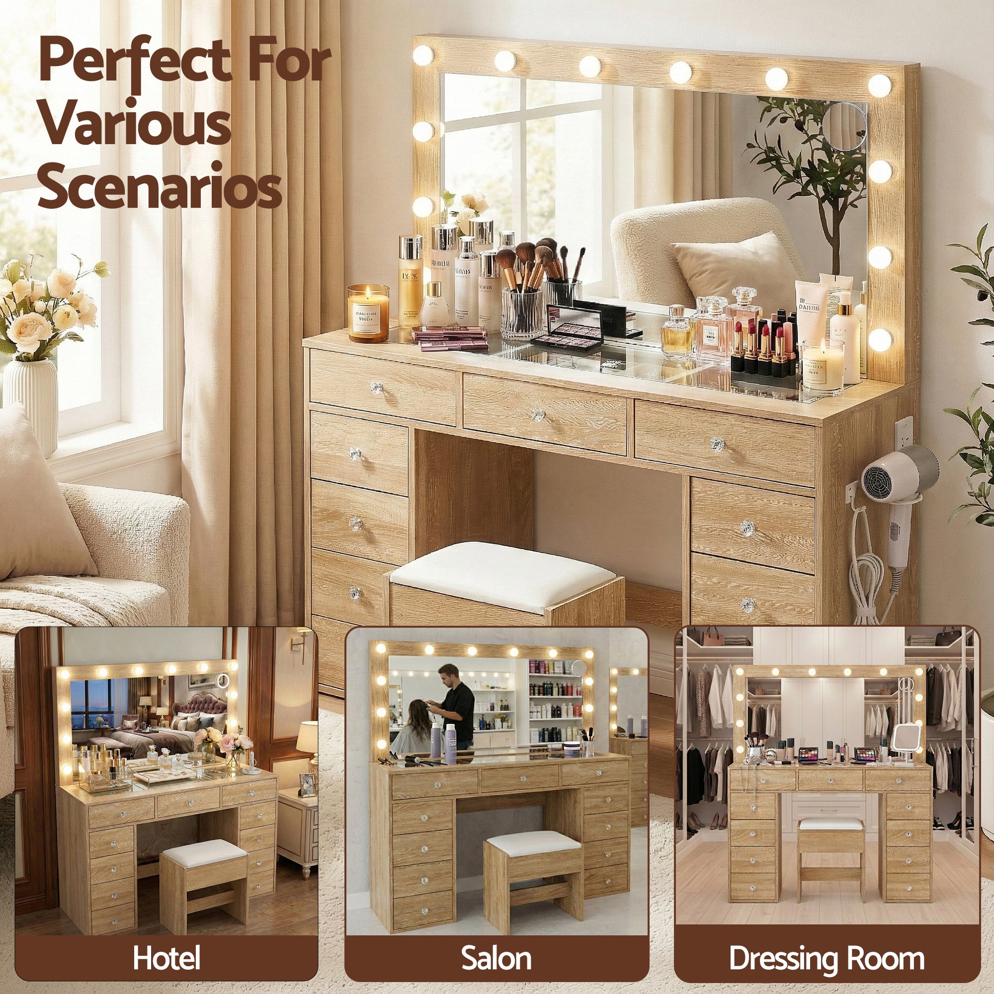 Artiss Dressing Table Vanity Desk Set Stool LED Bulbs Wood FURNI-L-DRESS08-WD-ABC