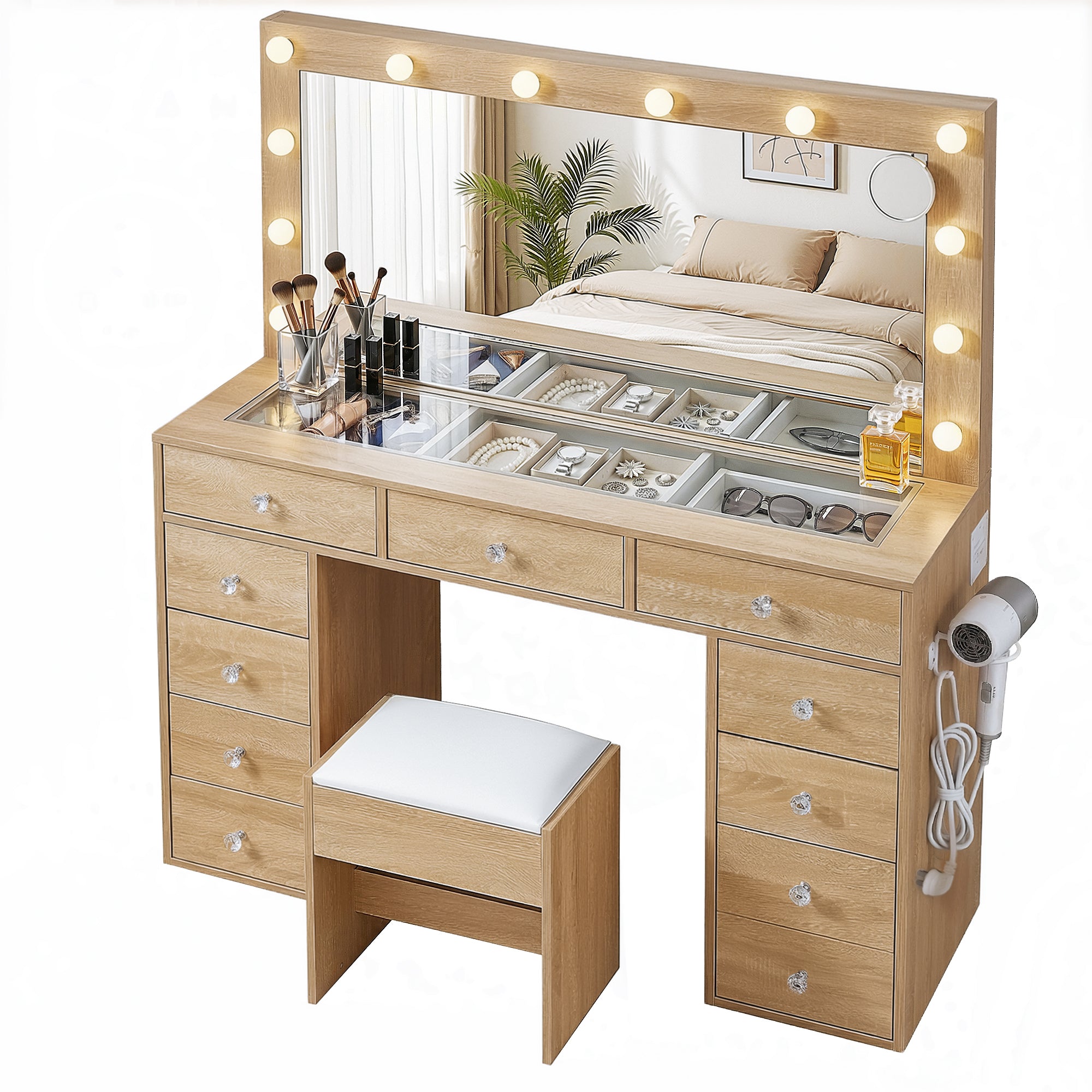 Artiss Dressing Table Vanity Desk Set Stool LED Bulbs Wood FURNI-L-DRESS08-WD-ABC