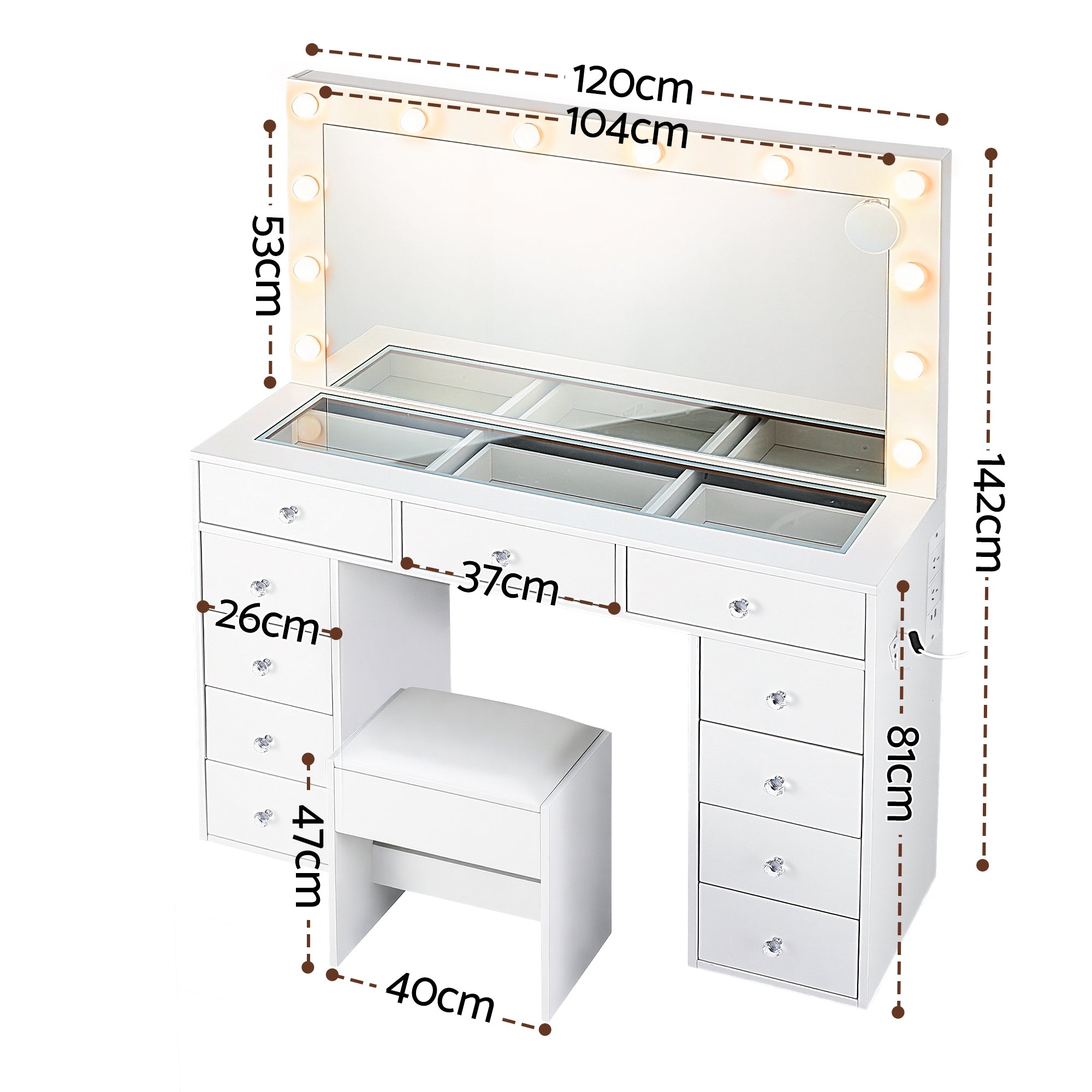Artiss Dressing Table Vanity Desk Set Stool LED Bulbs White FURNI-L-DRESS08-WH-ABC