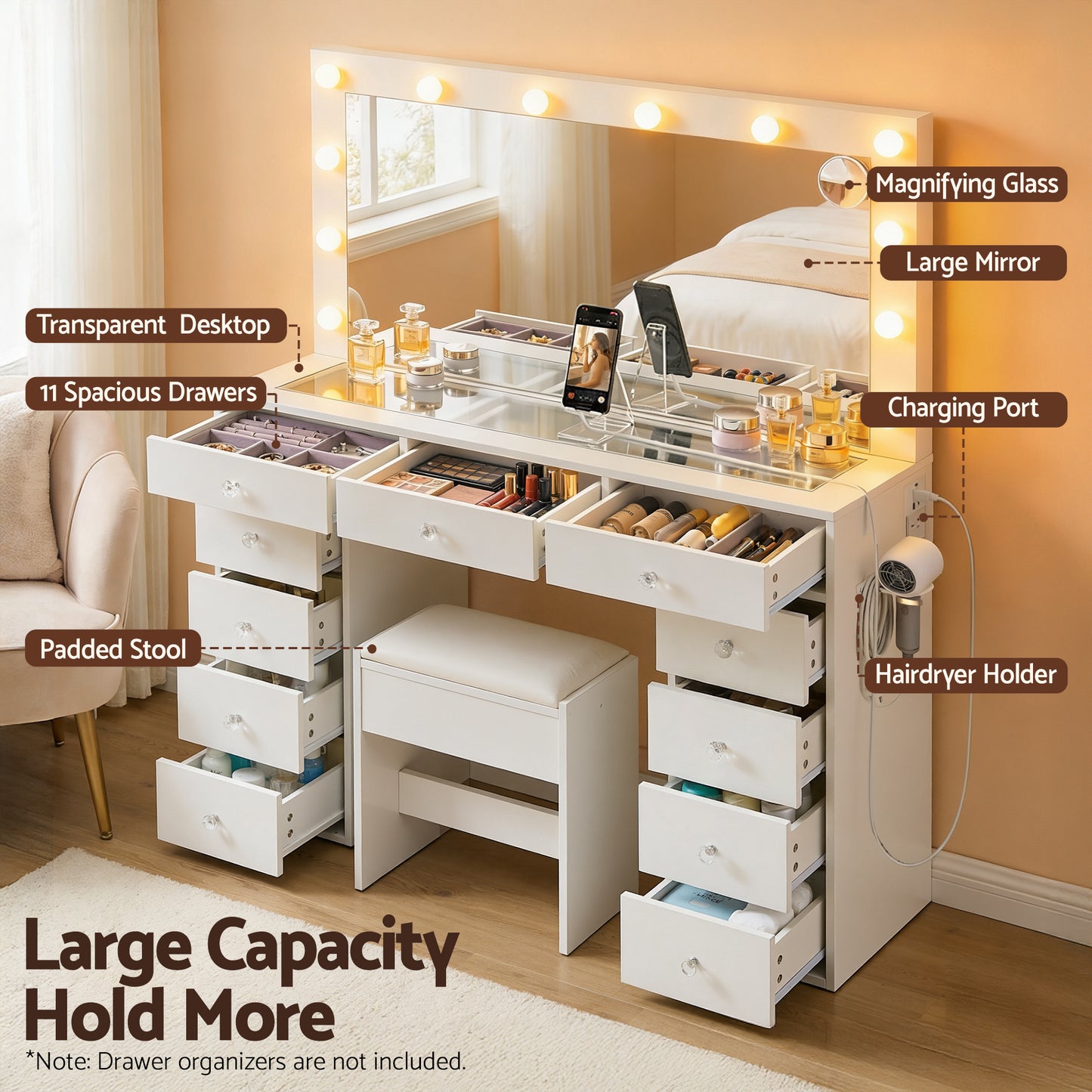 Artiss Dressing Table Vanity Desk Set Stool LED Bulbs White FURNI-L-DRESS08-WH-ABC