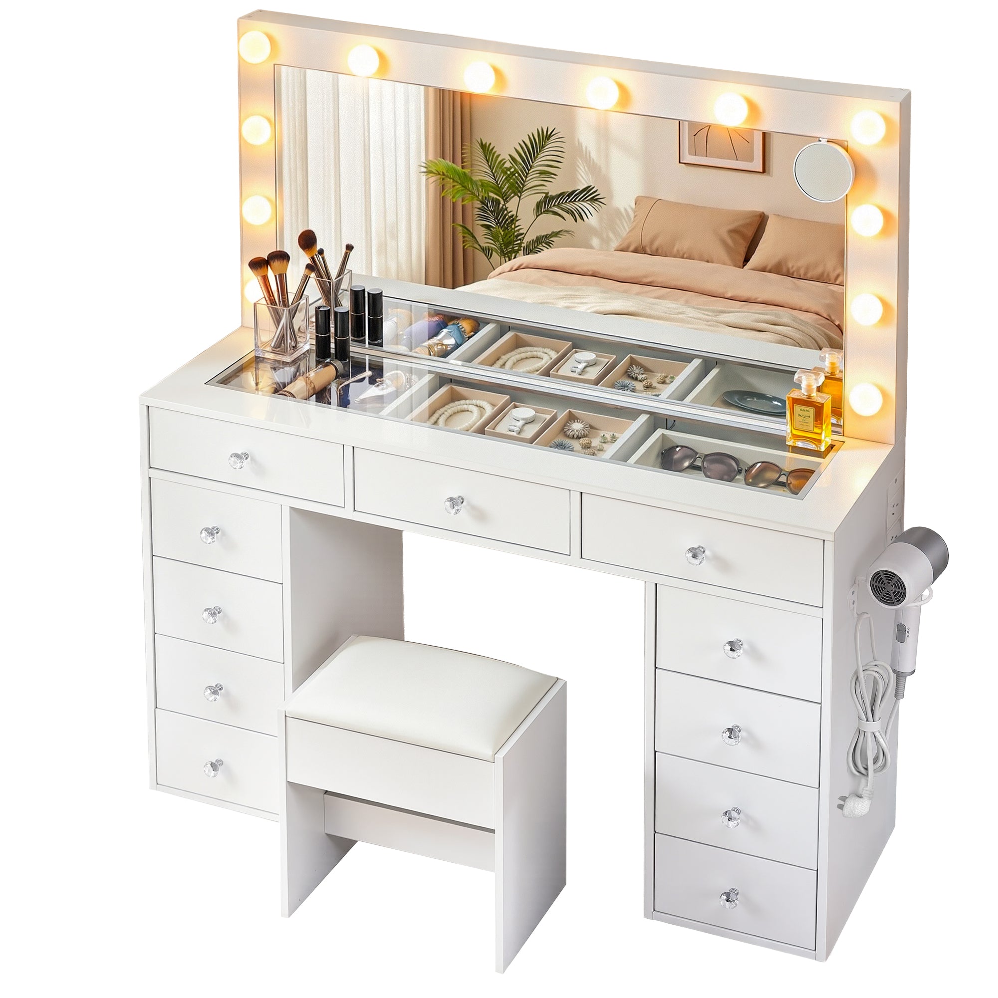 Artiss Dressing Table Vanity Desk Set Stool LED Bulbs White FURNI-L-DRESS08-WH-ABC