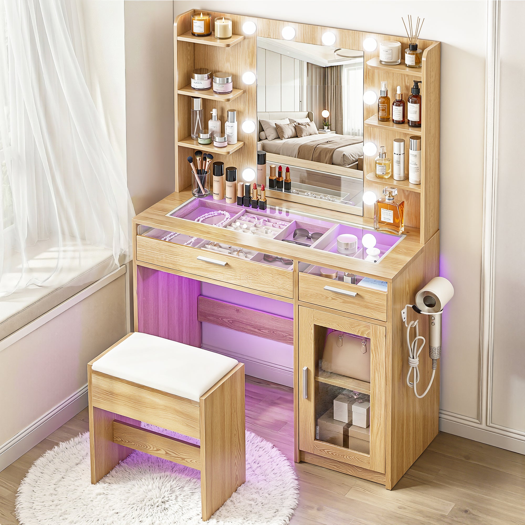 Artiss Dressing Table Vanity Desk Set 10 LED Bulbs RGB Light Wood FURNI-L-DRESS09-WD-AB