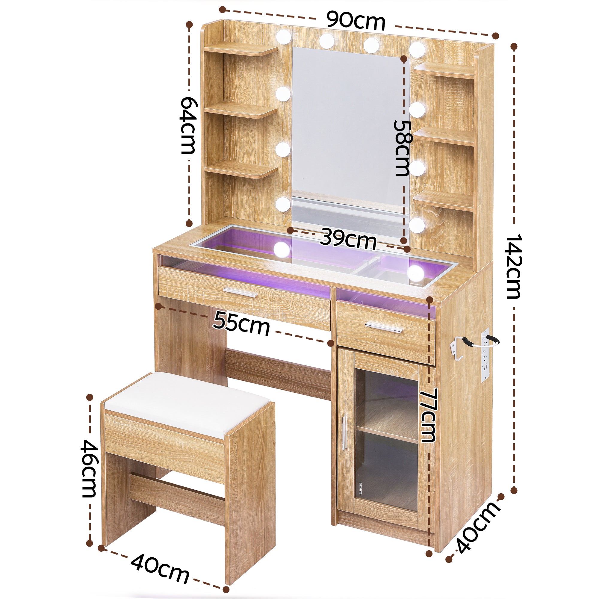 Artiss Dressing Table Vanity Desk Set 10 LED Bulbs RGB Light Wood FURNI-L-DRESS09-WD-AB