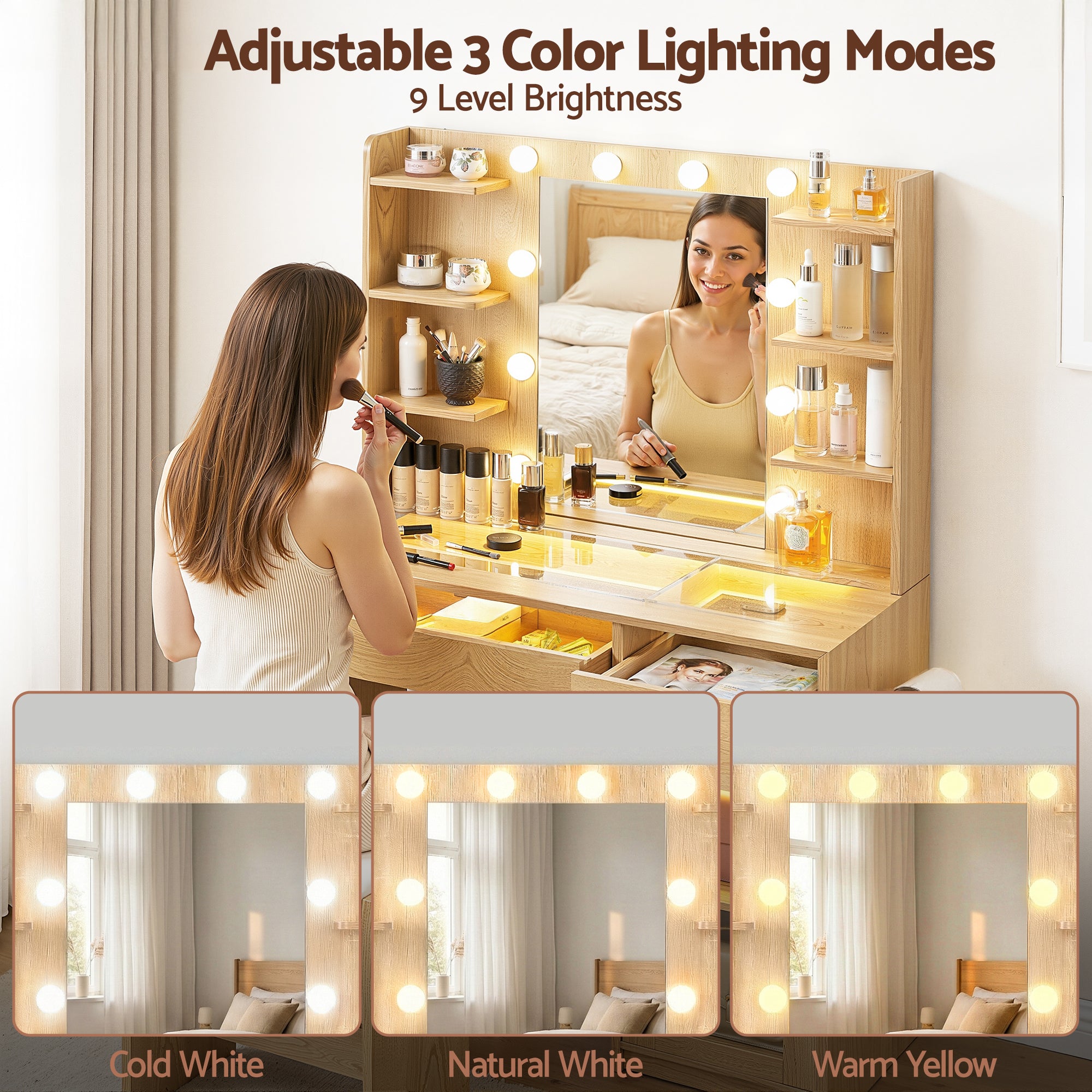 Artiss Dressing Table Vanity Desk Set 10 LED Bulbs RGB Light Wood FURNI-L-DRESS09-WD-AB
