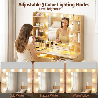 Artiss Dressing Table Vanity Desk Set 10 LED Bulbs RGB Light Wood FURNI-L-DRESS09-WD-AB