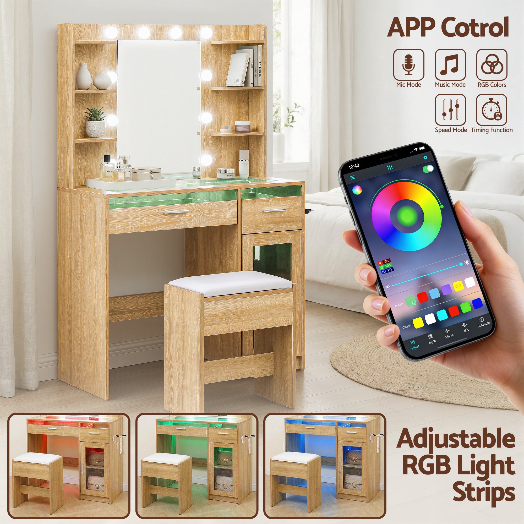 Artiss Dressing Table Vanity Desk Set 10 LED Bulbs RGB Light Wood FURNI-L-DRESS09-WD-AB