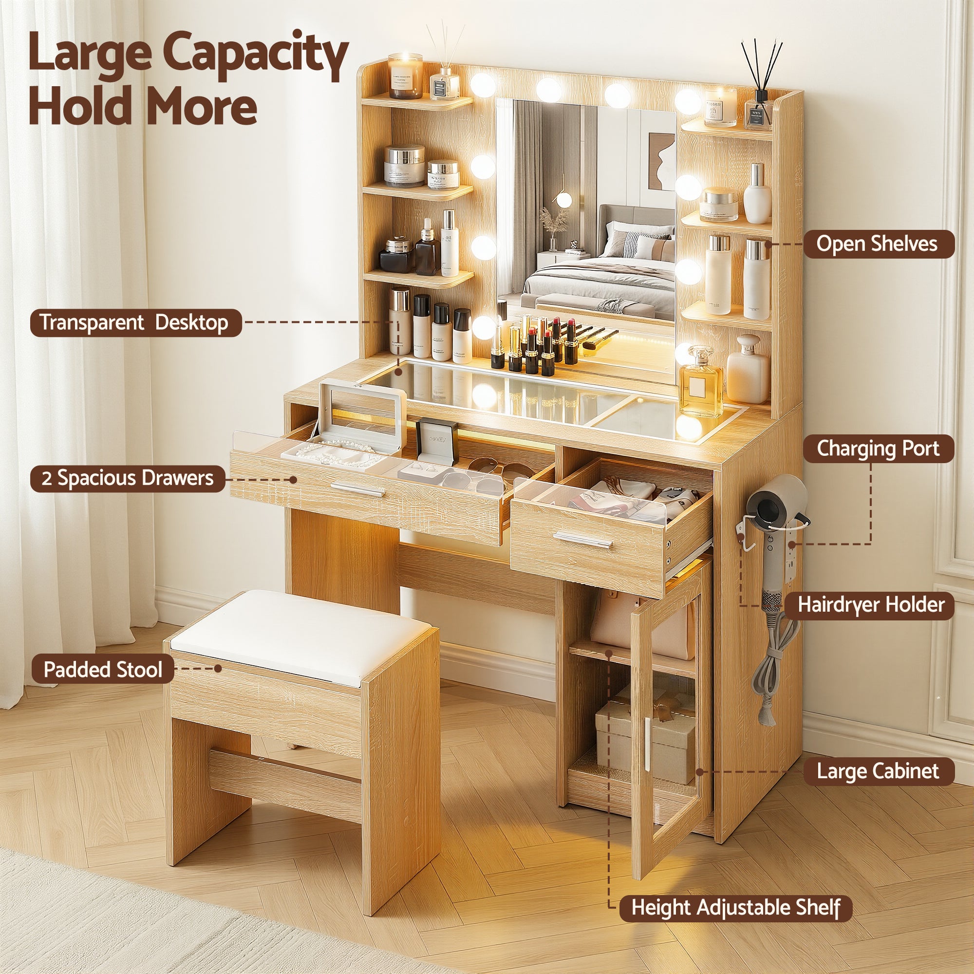 Artiss Dressing Table Vanity Desk Set 10 LED Bulbs RGB Light Wood FURNI-L-DRESS09-WD-AB