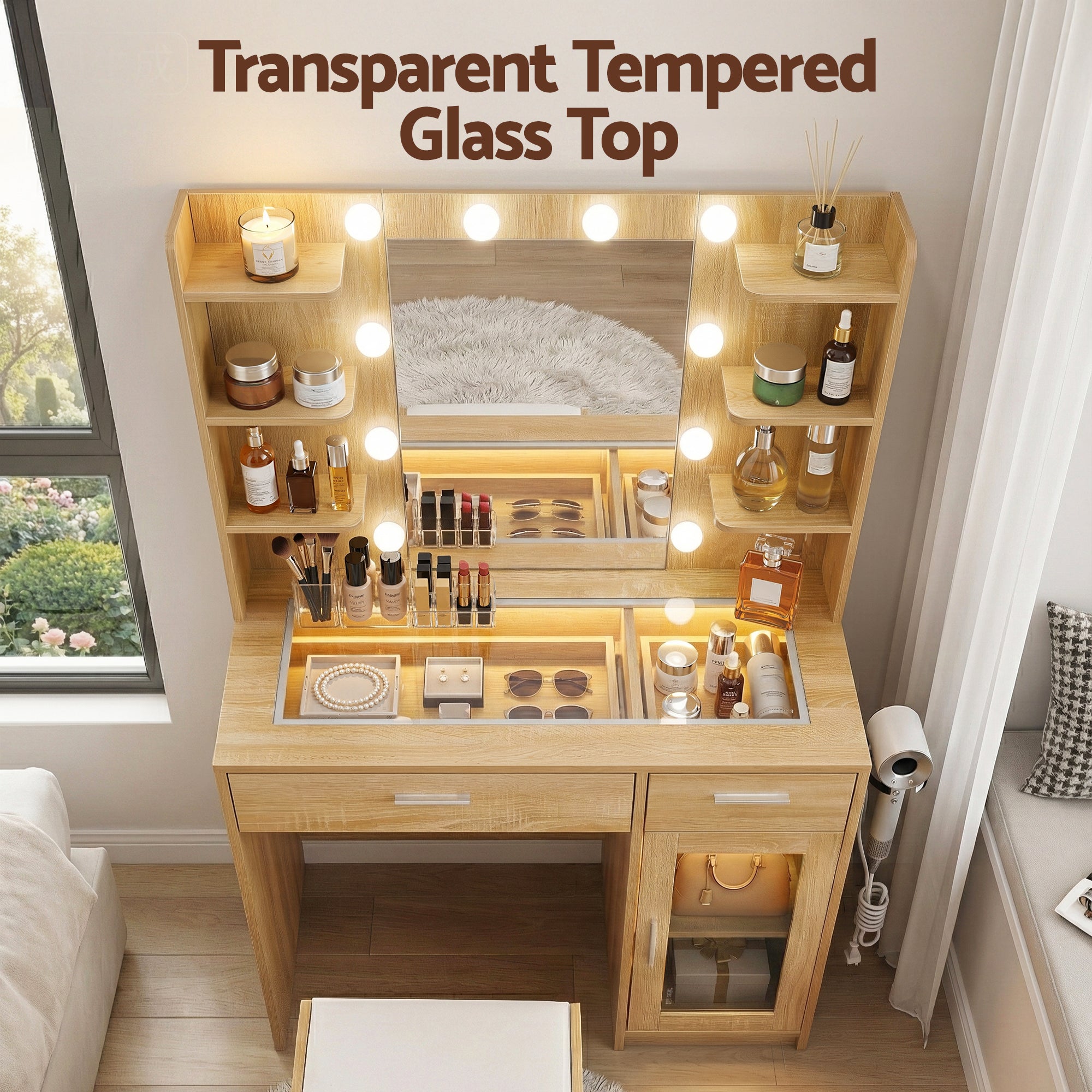 Artiss Dressing Table Vanity Desk Set 10 LED Bulbs RGB Light Wood FURNI-L-DRESS09-WD-AB