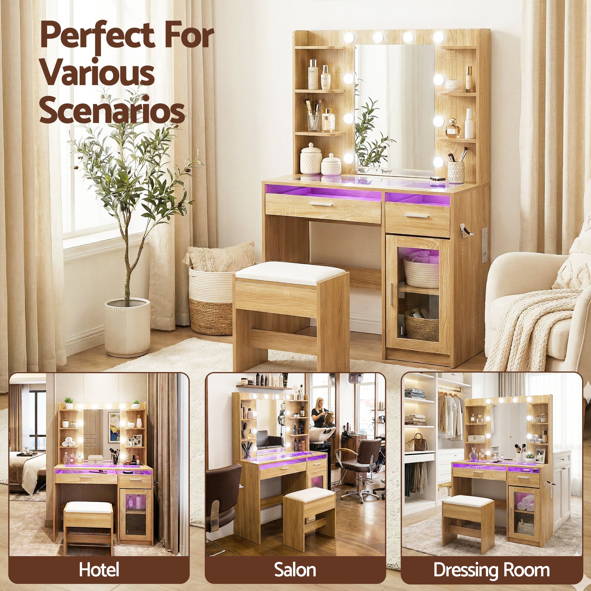 Artiss Dressing Table Vanity Desk Set 10 LED Bulbs RGB Light Wood FURNI-L-DRESS09-WD-AB