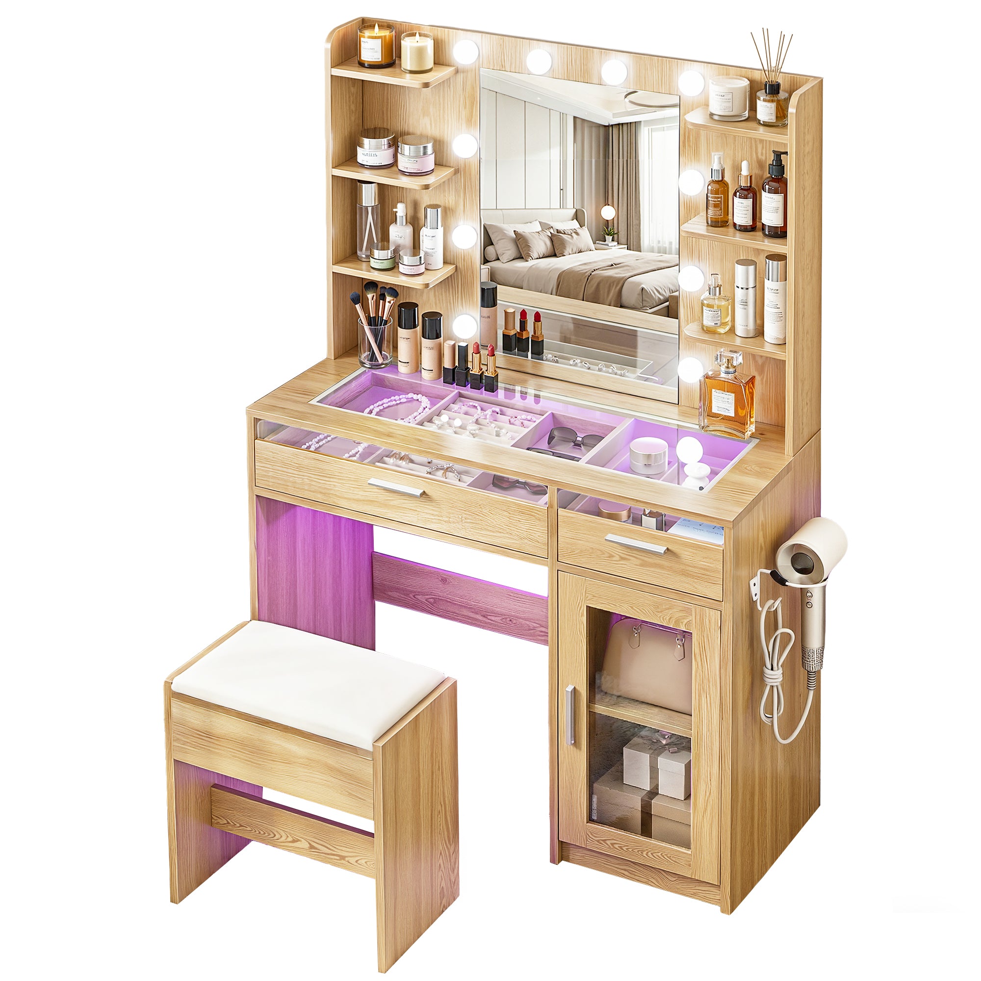 Artiss Dressing Table Vanity Desk Set 10 LED Bulbs RGB Light Wood FURNI-L-DRESS09-WD-AB