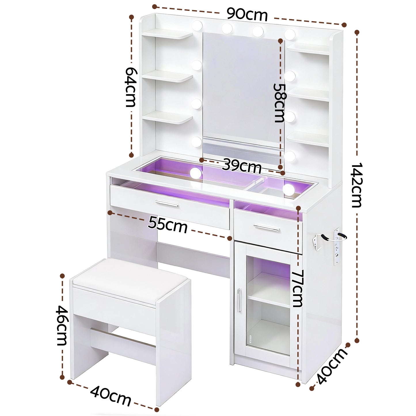 Artiss Dressing Table Vanity Desk Set 10 LED Bulbs RGB Light White FURNI-L-DRESS09-WH-AB