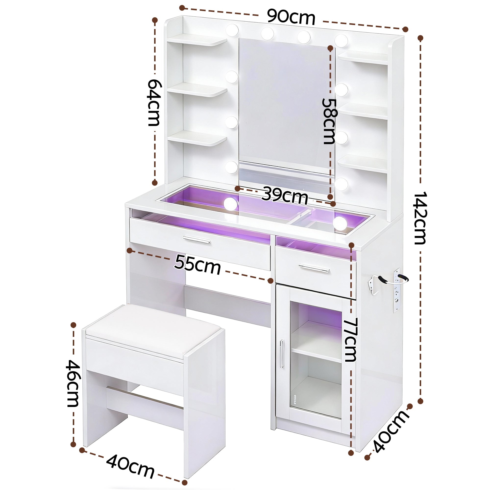 Artiss Dressing Table Vanity Desk Set 10 LED Bulbs RGB Light White FURNI-L-DRESS09-WH-AB
