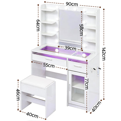Artiss Dressing Table Vanity Desk Set 10 LED Bulbs RGB Light White FURNI-L-DRESS09-WH-AB