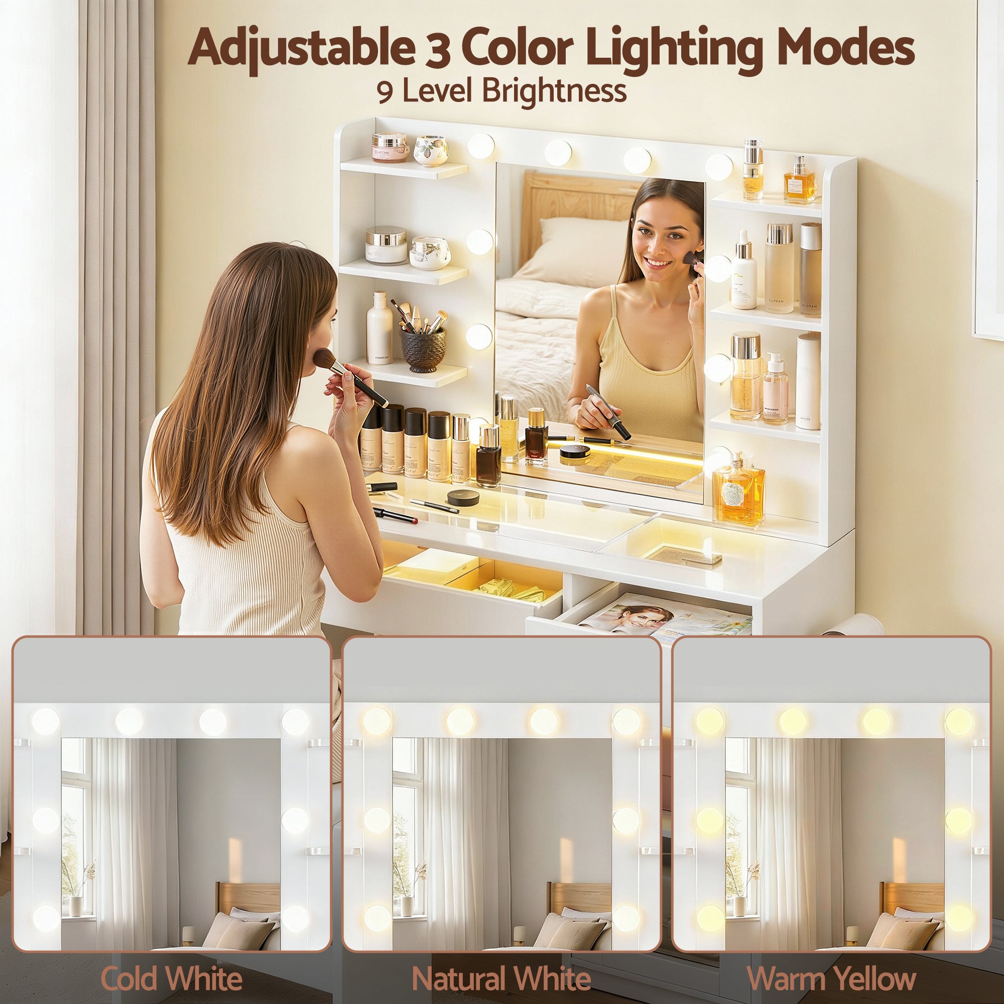 Artiss Dressing Table Vanity Desk Set 10 LED Bulbs RGB Light White FURNI-L-DRESS09-WH-AB
